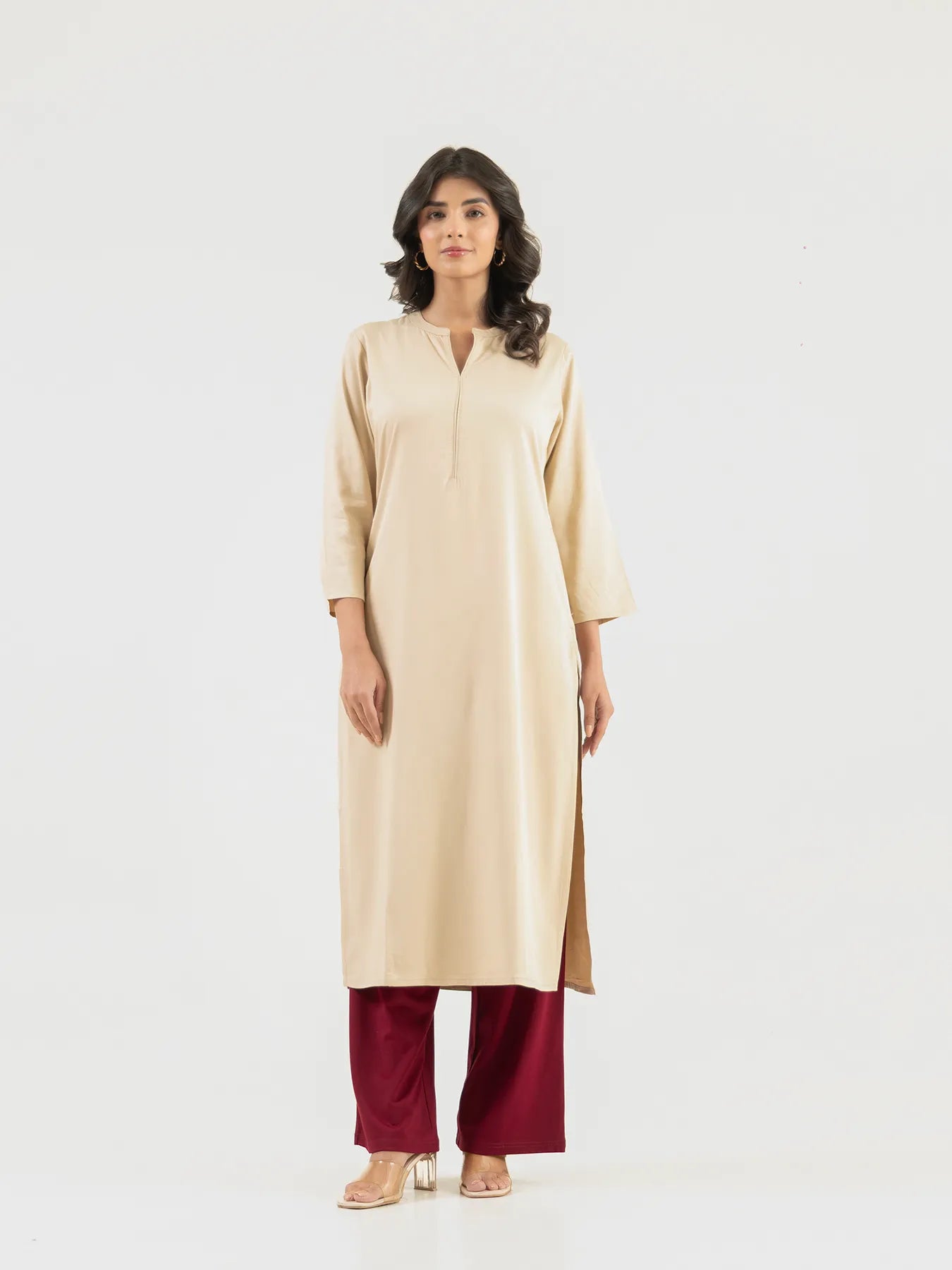 Women Beige Flowy Straight Long Kurta