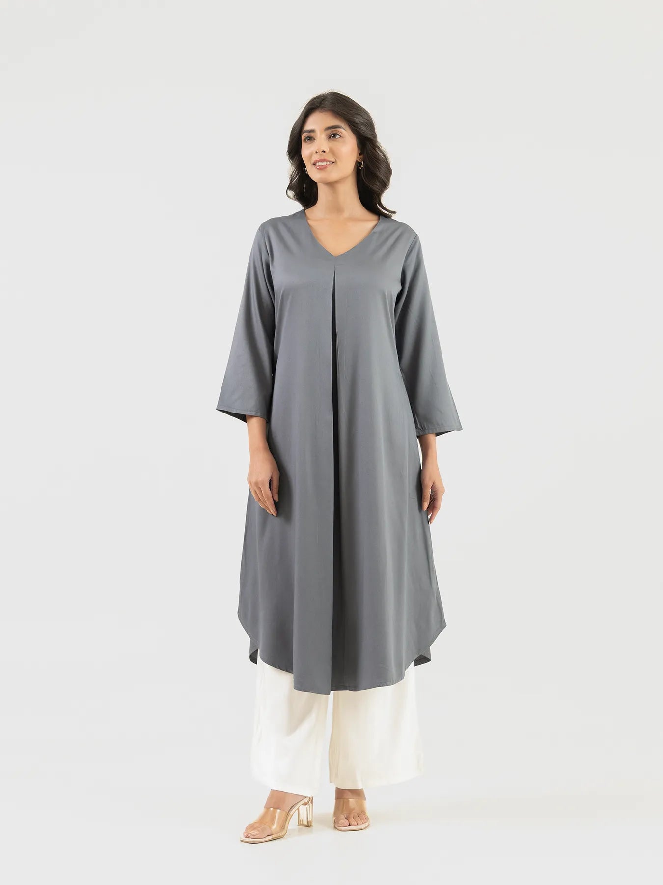 Women Grey Flowy Pleated Kurta