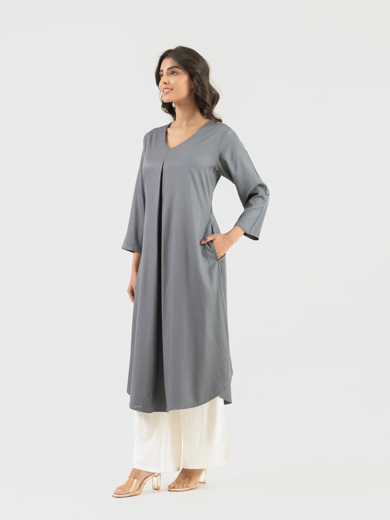 Women Grey Flowy Pleated Kurta