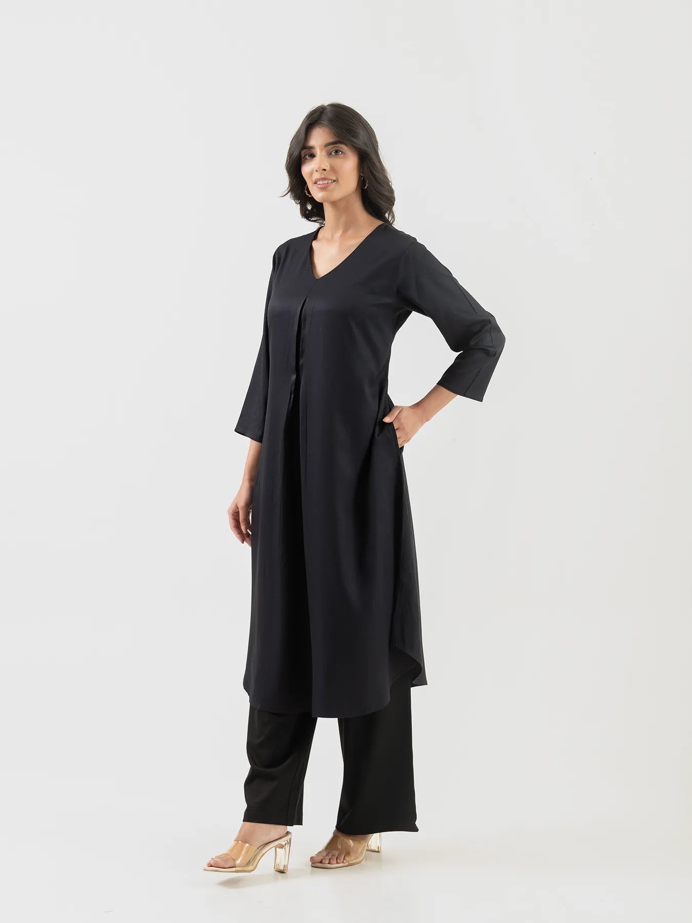 Women Black Flowy Pleated Kurta