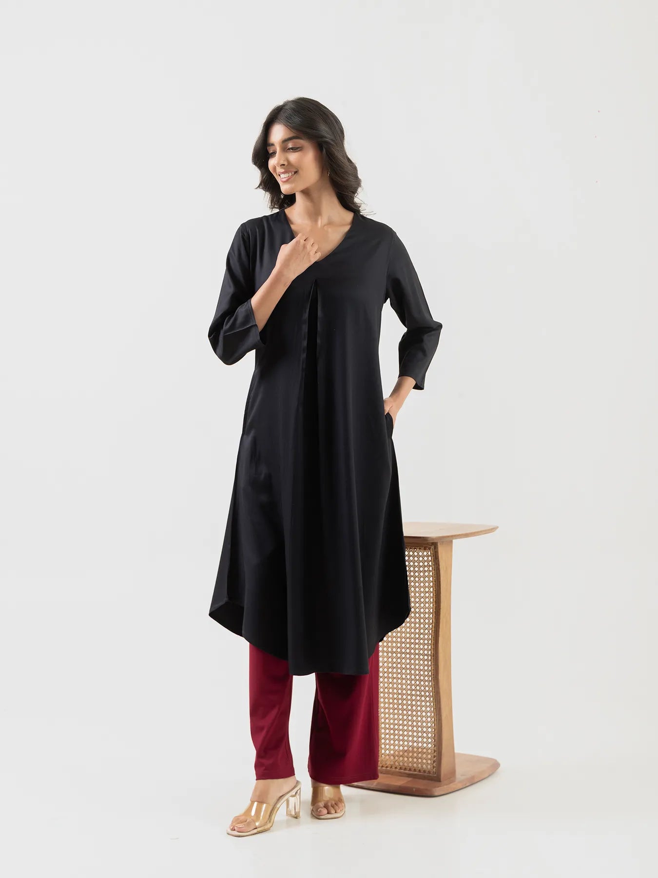 Women Black Flowy Pleated Kurta