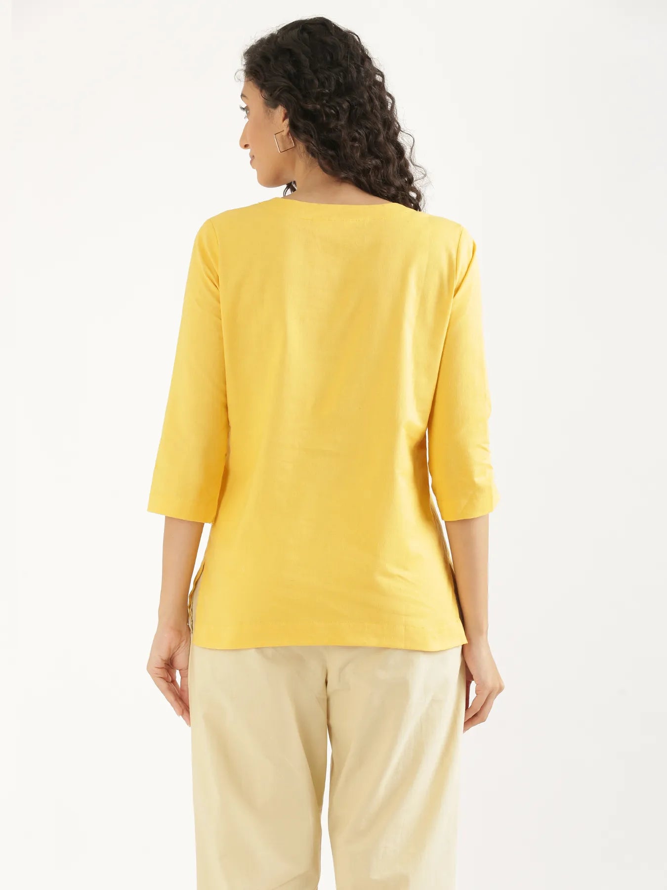 Women Yellow Airy Linen Split Neck Short Kurta