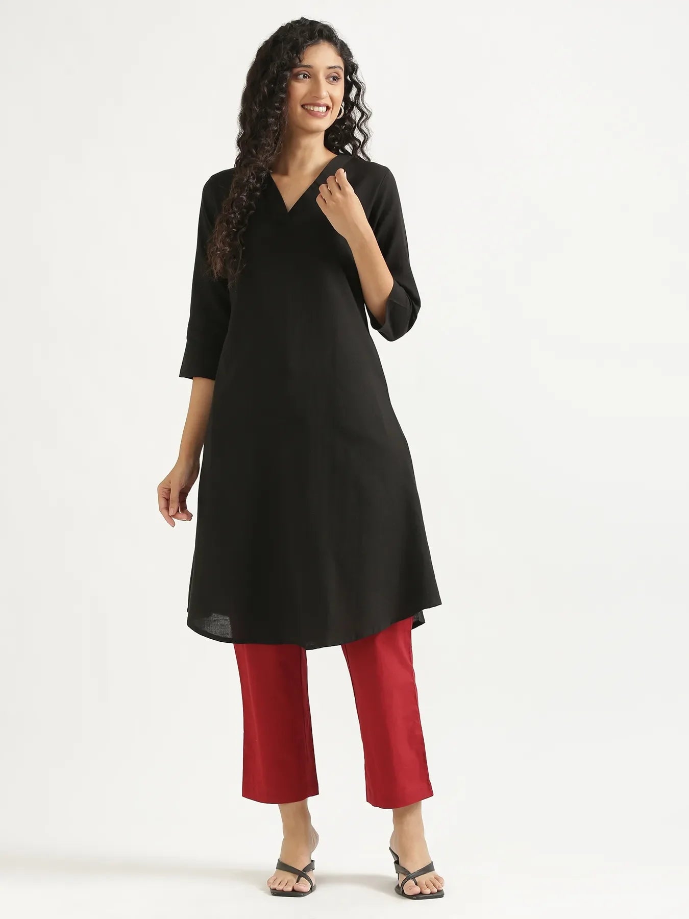 Women Black Flowy Linen A-Line Long Kurta