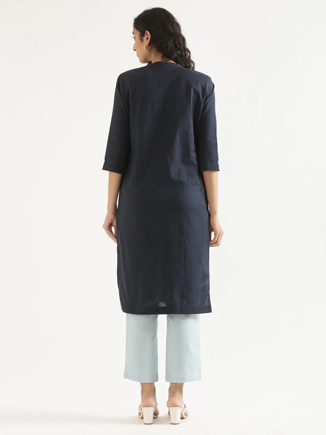 Women Navy Blue Airy Linen Long Kurta