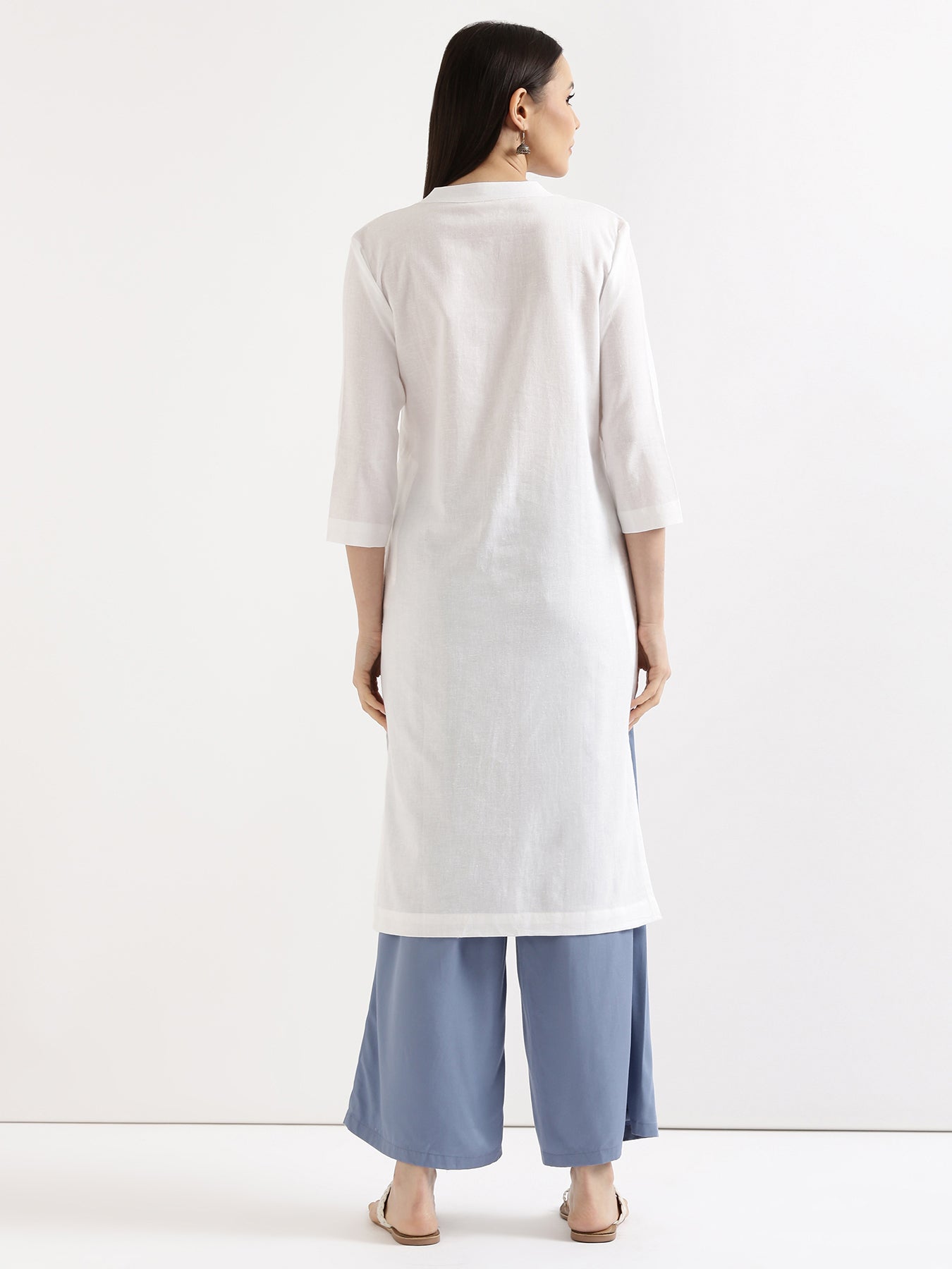 Women White & Hot Pink Long Kurta