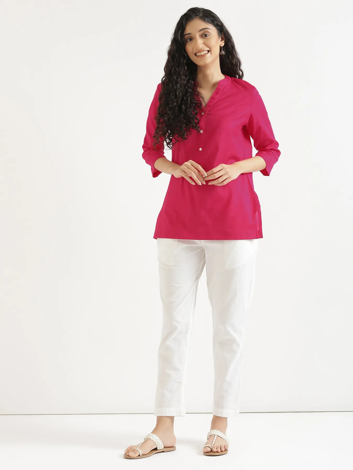 Women Hot Pink Airy Linen Short Kurta