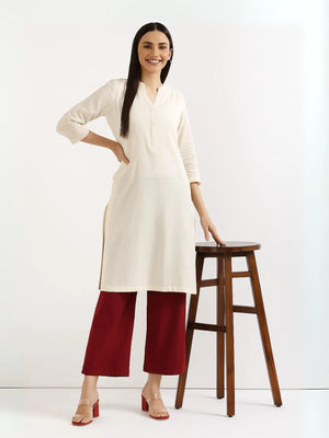 Ecru Long Kurta with Maroon Airy Linen Wide Leg Pant