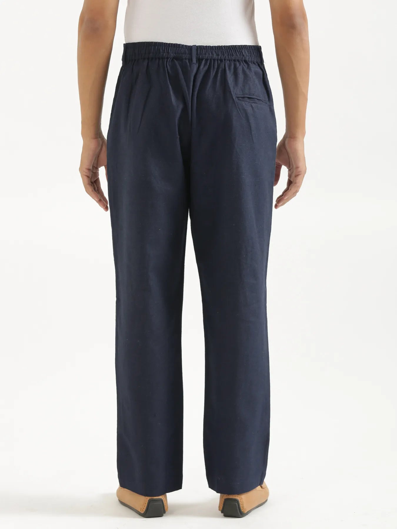 Men Navy Blue Linen Blend Straight Pant
