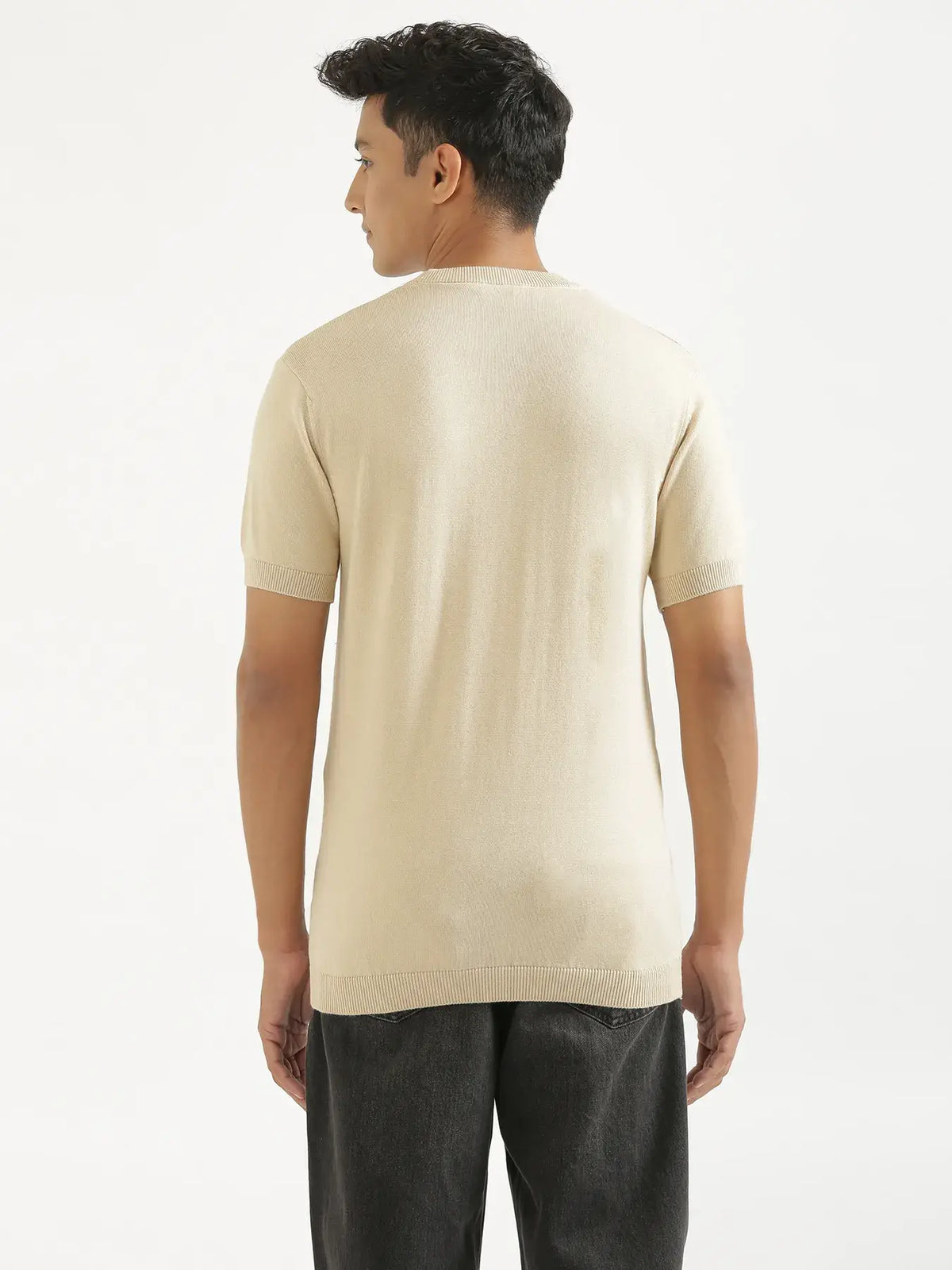 Men Beige Flat Knit Round Neck T-shirt