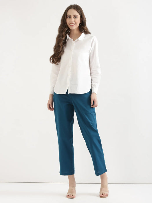 Women Turquoise Airy Linen Straight Pants