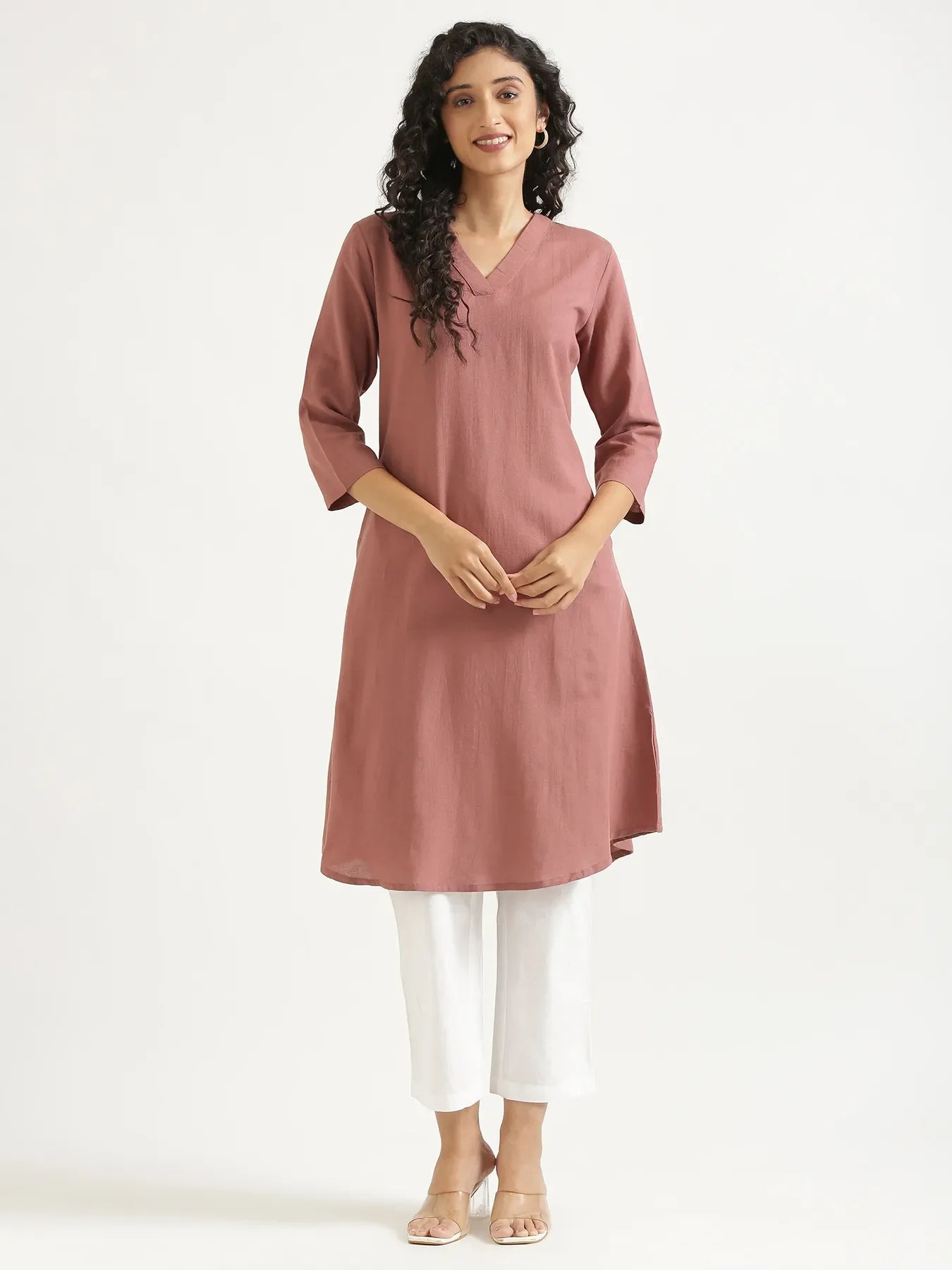 Women Rose Taupe Flowy Linen A-Line Long Kurta