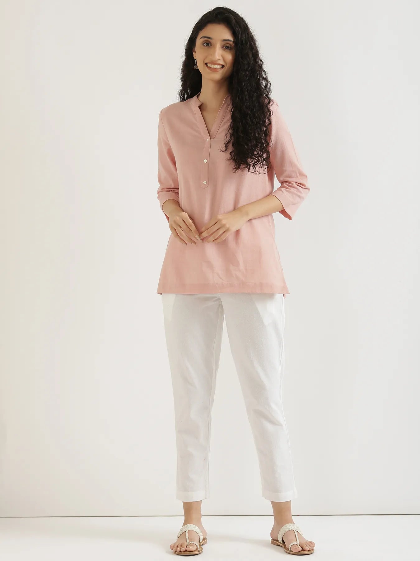 Women Salmon Pink Airy Linen Short Kurta