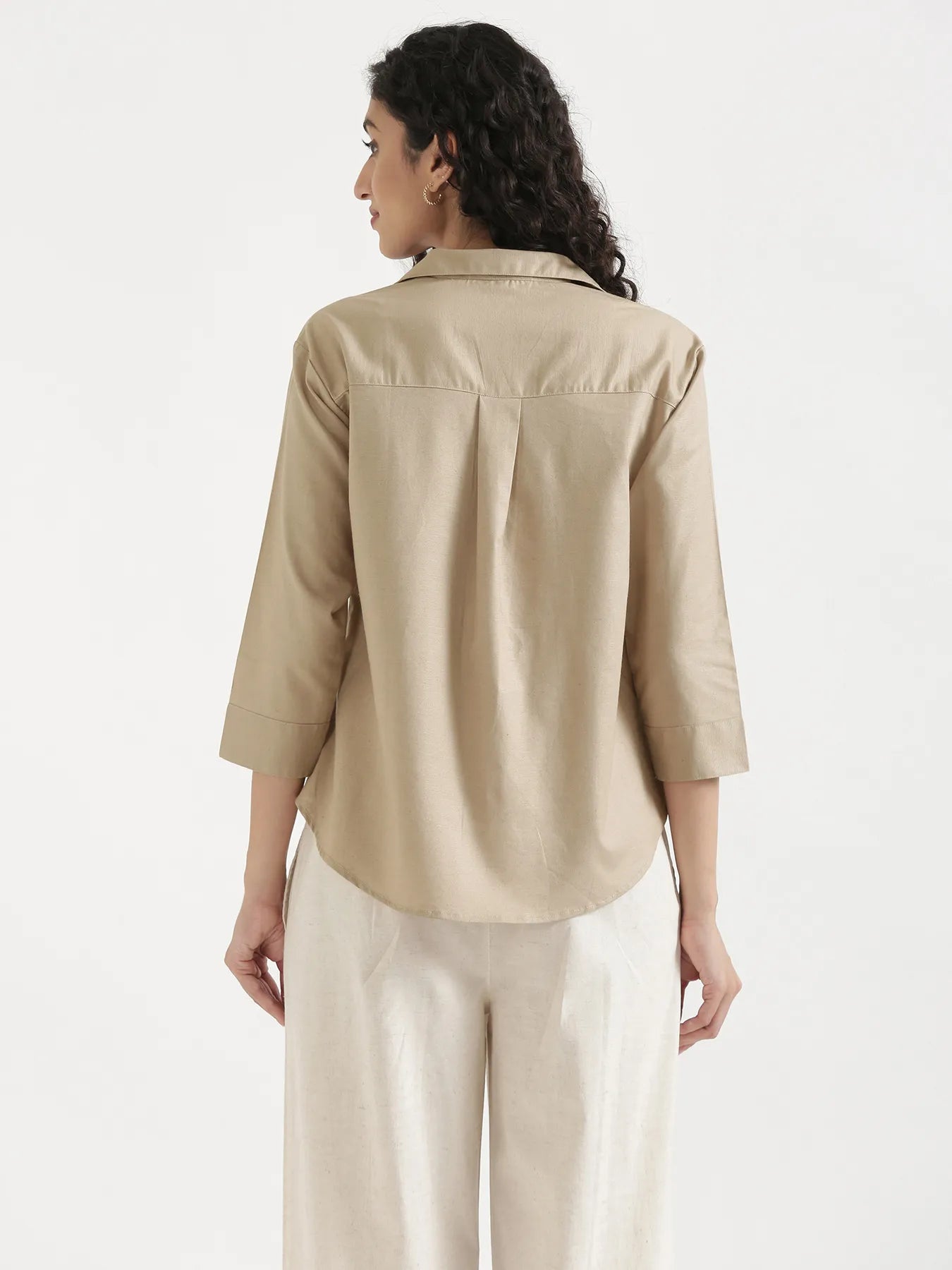 Women Taupe Linen Blend Pleated Top