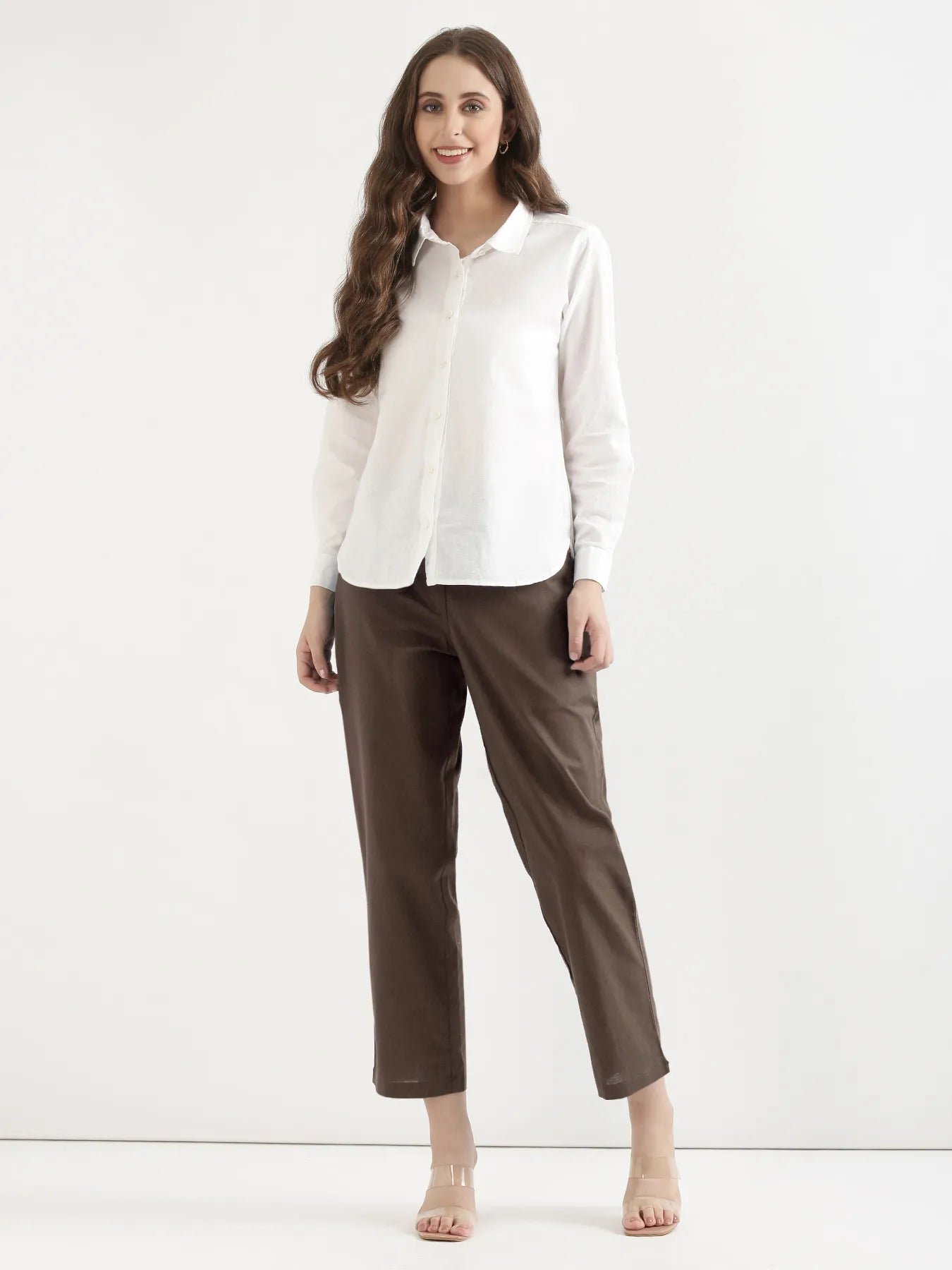 Women Dark Brown Airy Linen Straight Pants