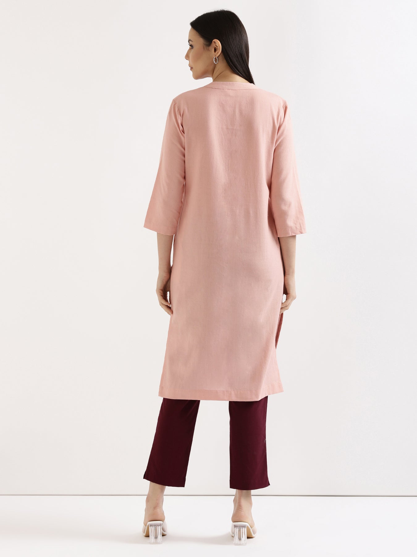 Salmon Pink Airy Linen Long Kurta with Wine Cotton Pant