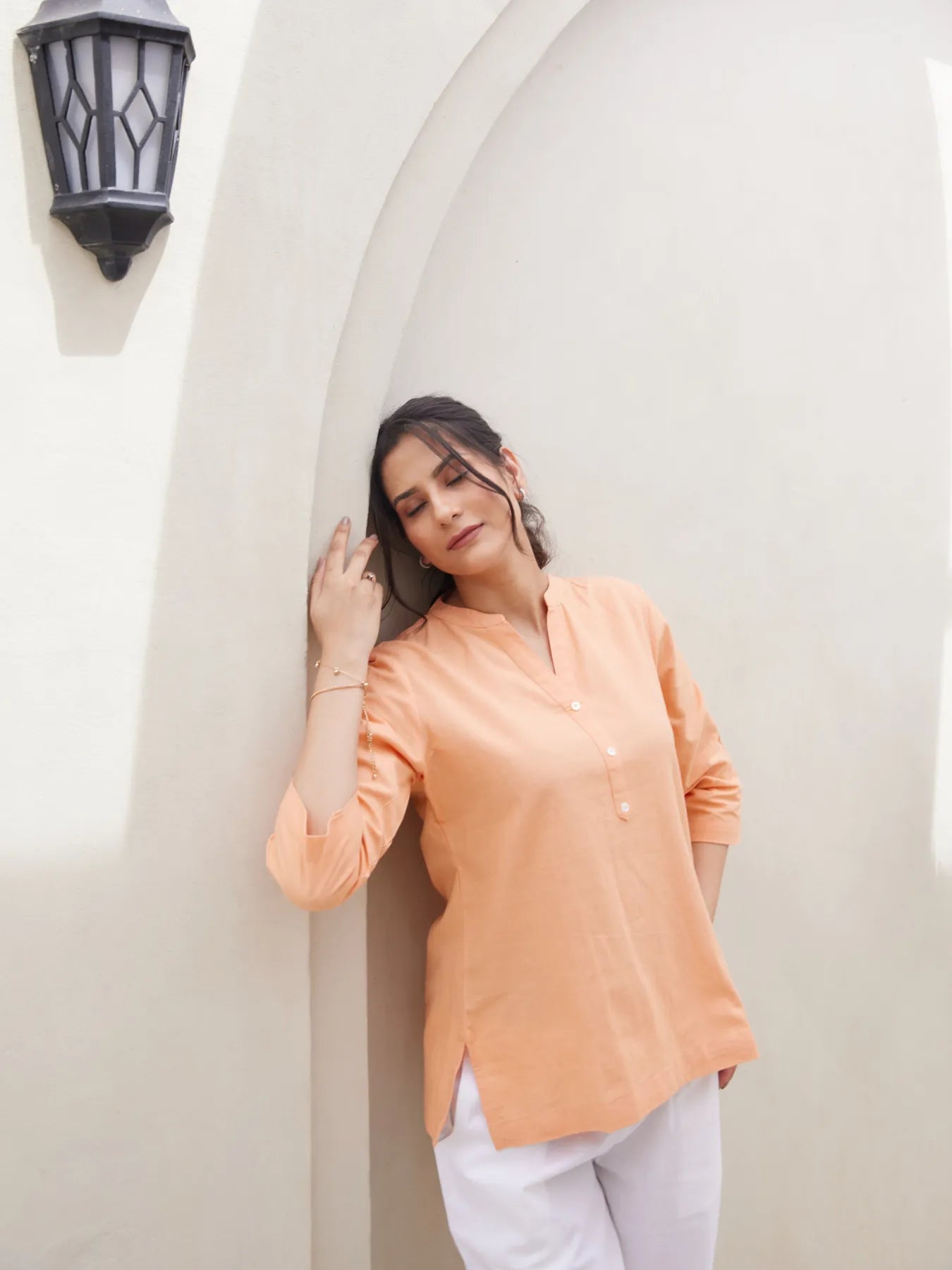 Peach Short Kurta with White Cotton Pant