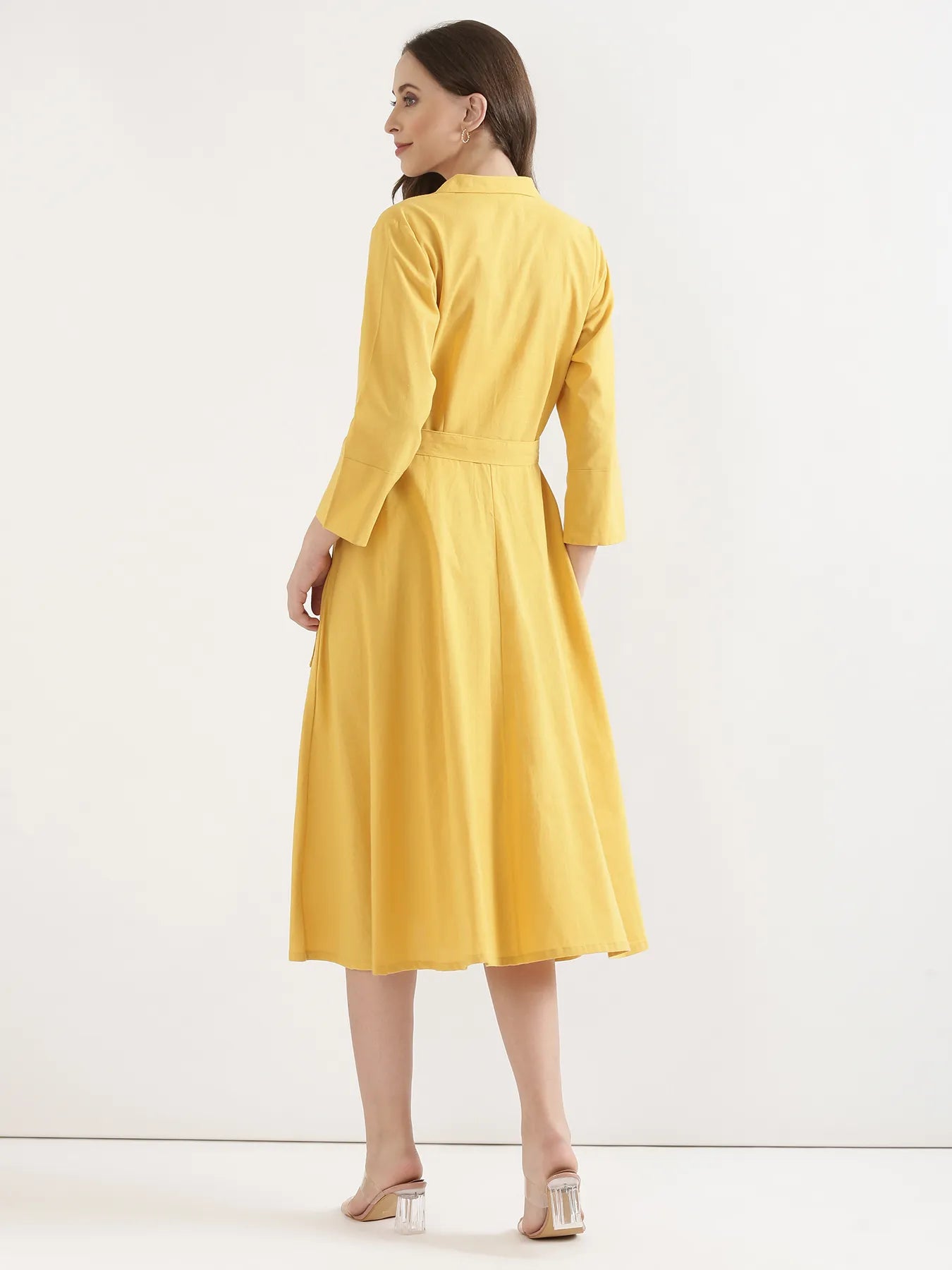 Women Yellow Airy Linen Flared Dress