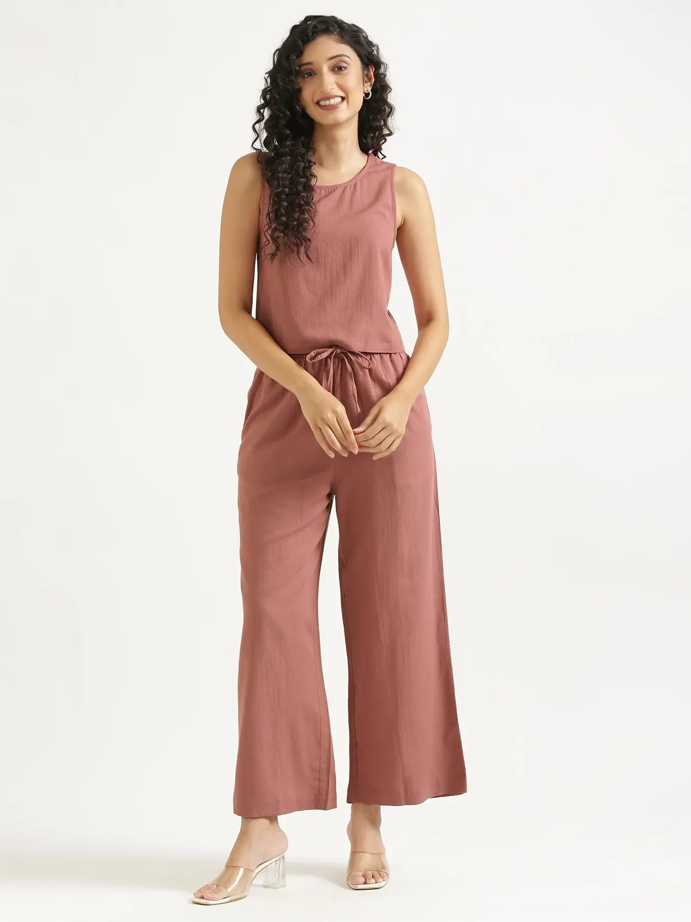 Women Rose Taupe Flowy Linen Crop Top