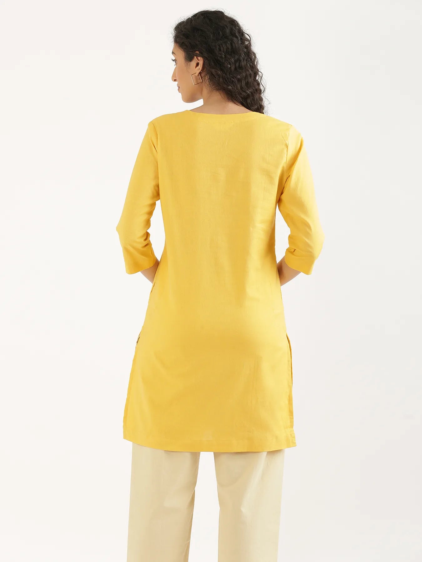 Women Yellow Airy Linen Mid Thigh Length Kurta