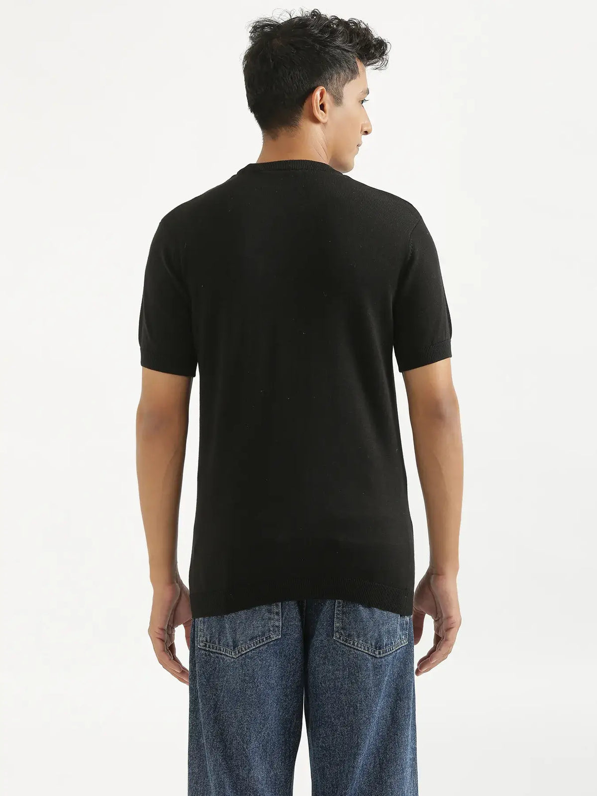 Men Black Flat Knit Round Neck T-shirt