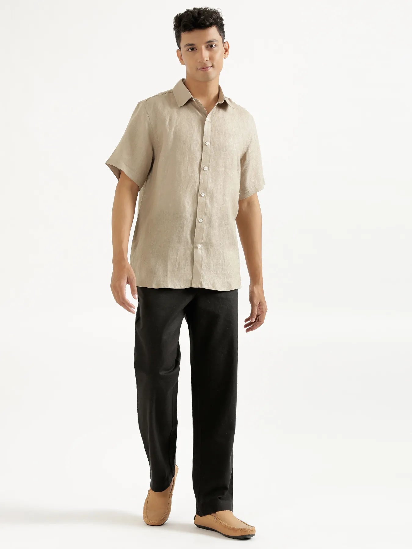 Men Black Linen Blend Straight Pant