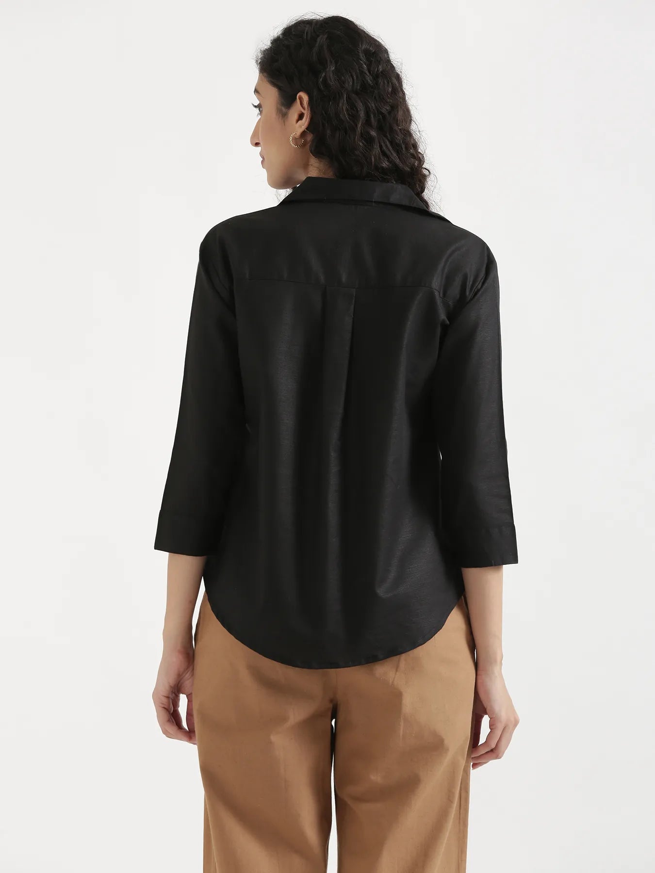 Women Black Linen Blend Pleated Top