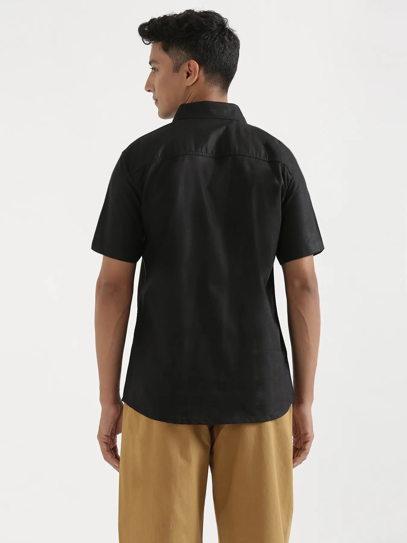 Men Black Linen Blend Short Sleeve Shirt