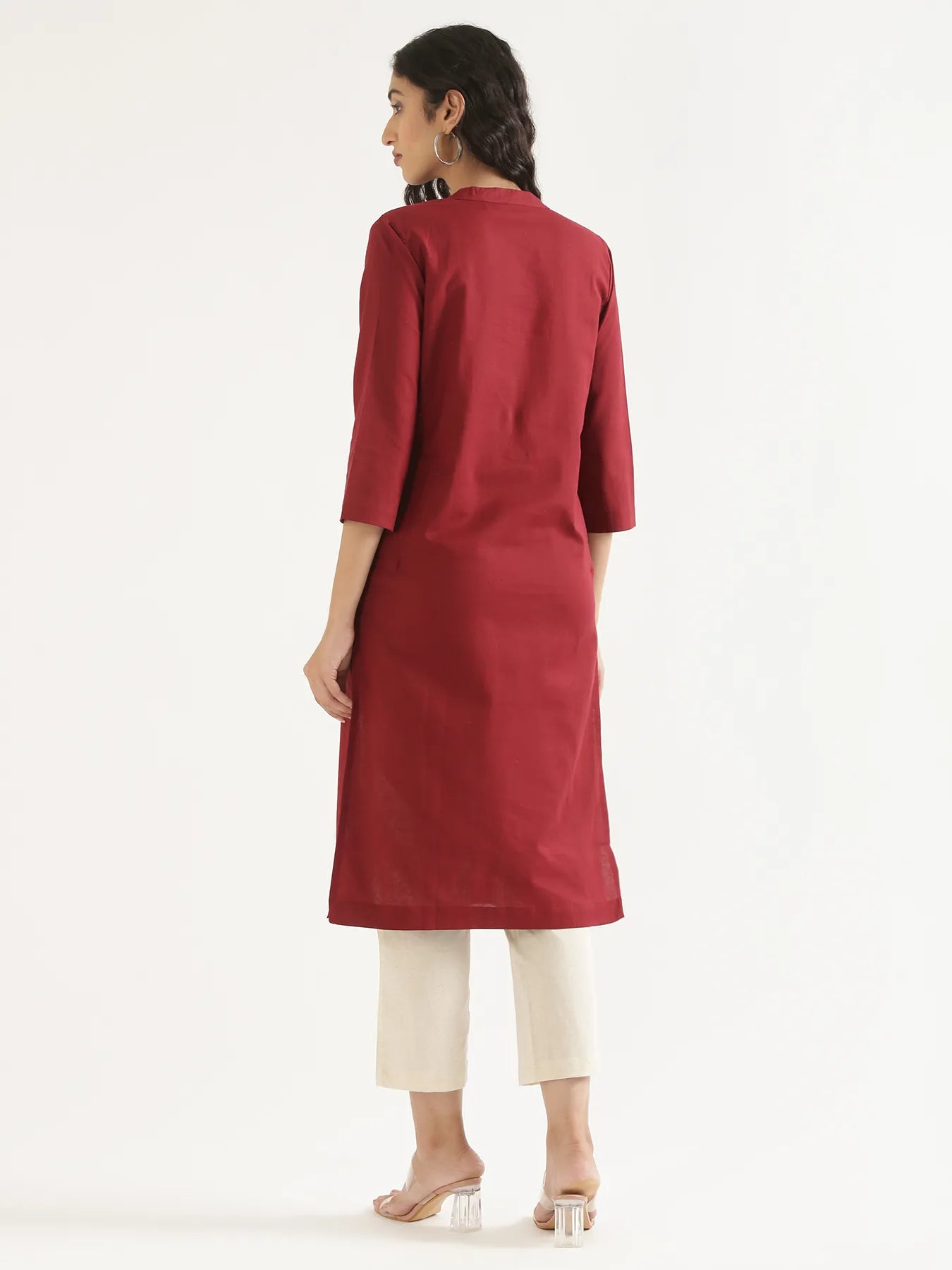 Women Maroon Airy Linen Long Kurta