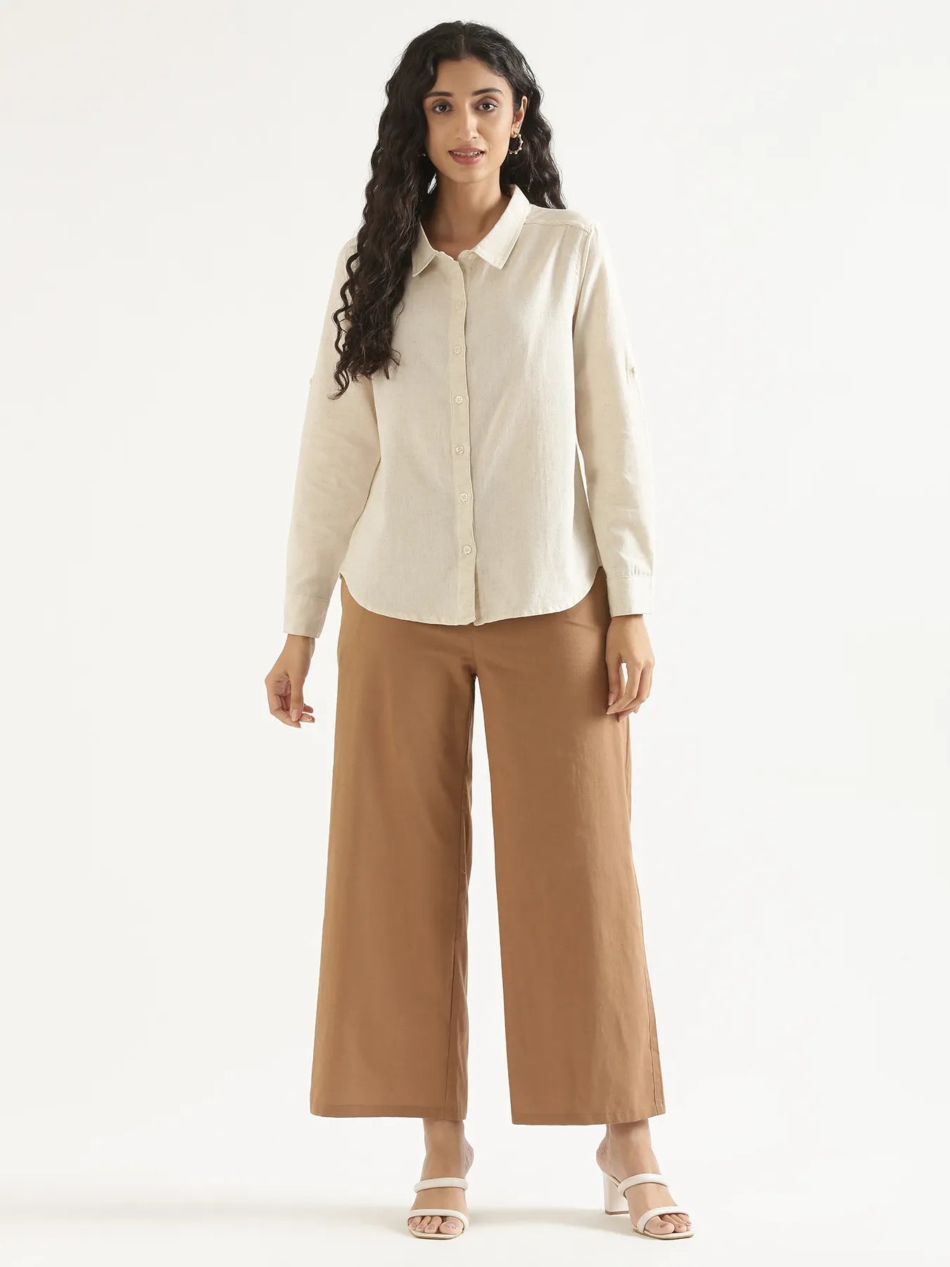 Women Coffee Brown Airy Linen Wide Leg Pant