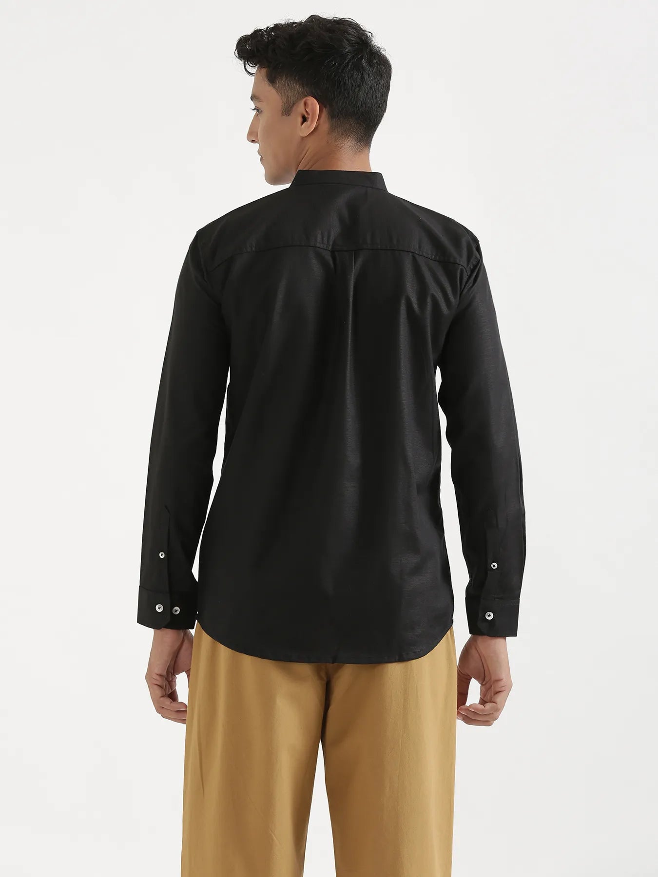 Men Black Linen Blend Mandarin Collar Shirt