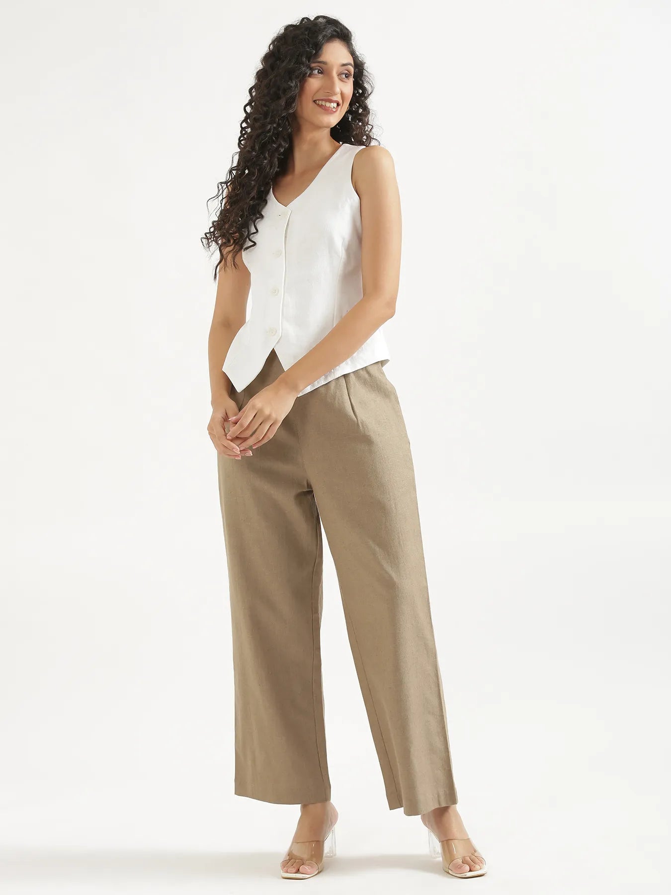 Women Khakhi Linen Blend Wide Leg Pant