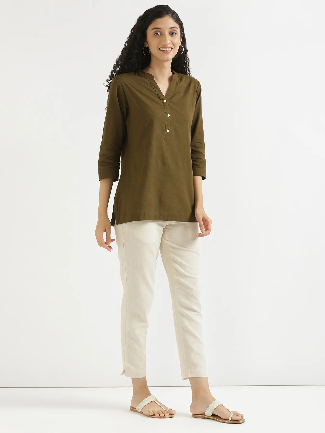 Women Olive Green Airy Linen Short Kurta