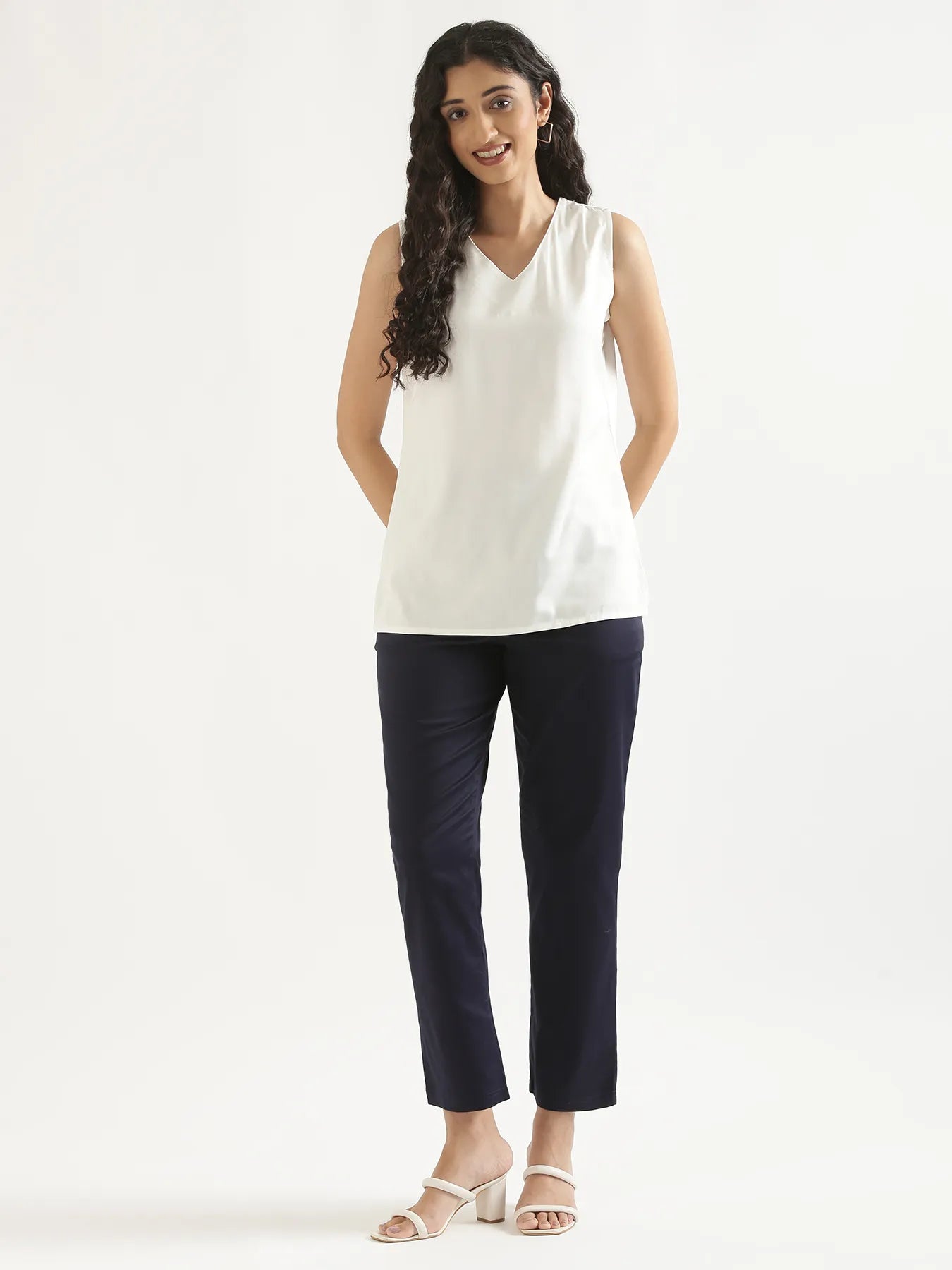 Women Plus Size Navy Blue Straight Fit Formal Pants