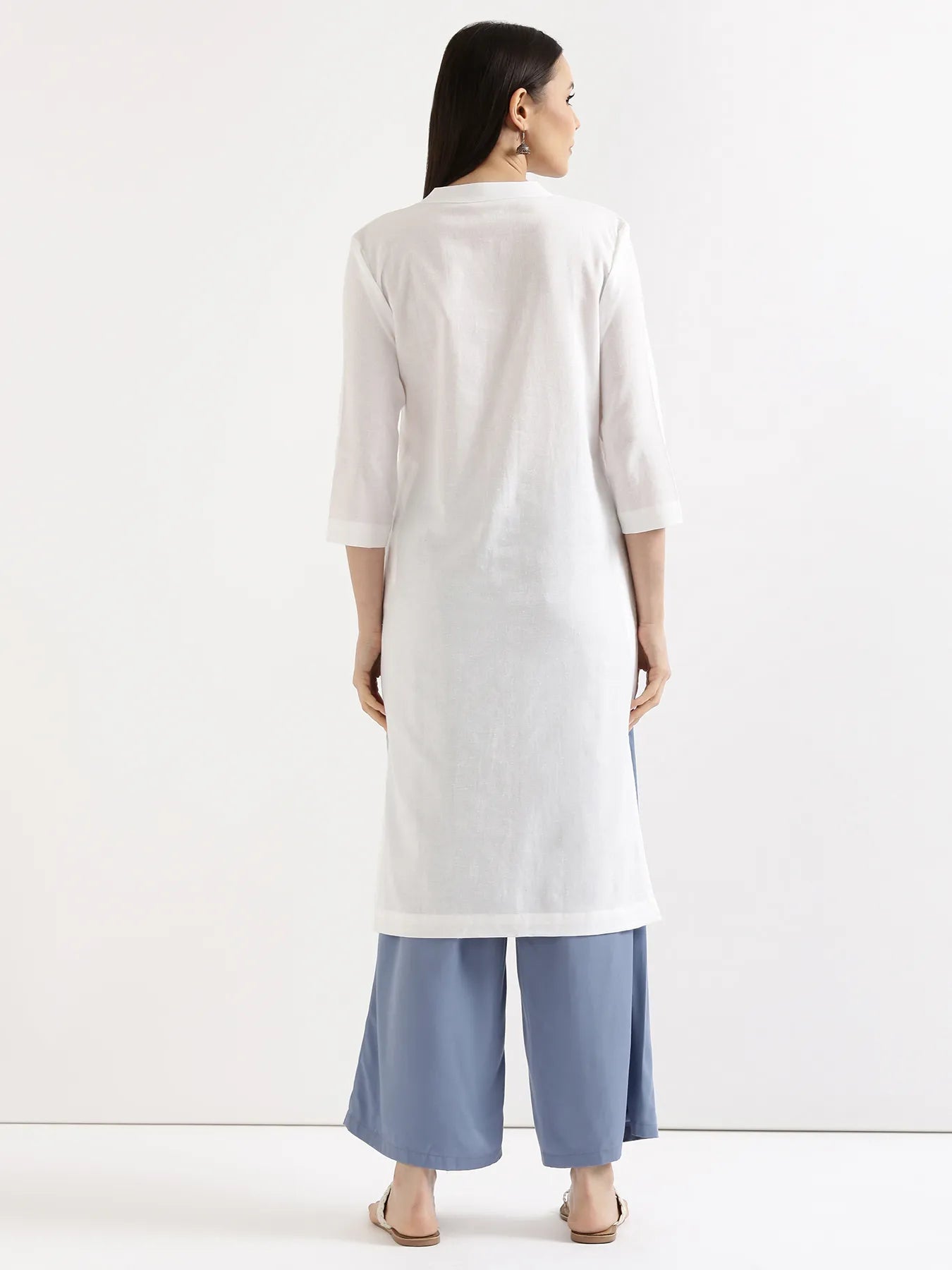 Women White Airy Linen Long Kurta & English Blue Viscose Palazzo Pant Set