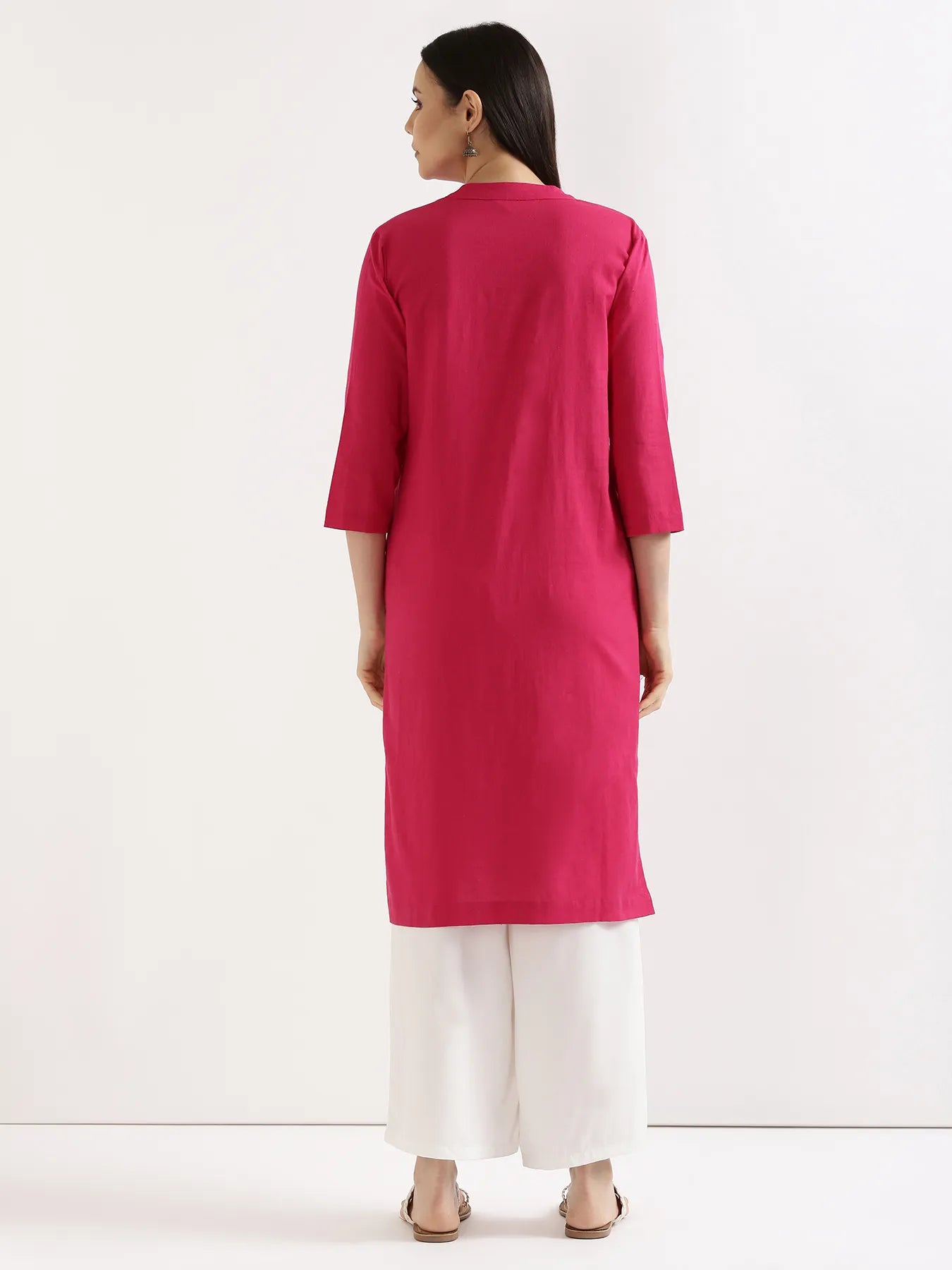 Women Hot Pink Airy Linen Long Kurta & White Viscose Palazzo Pant Set