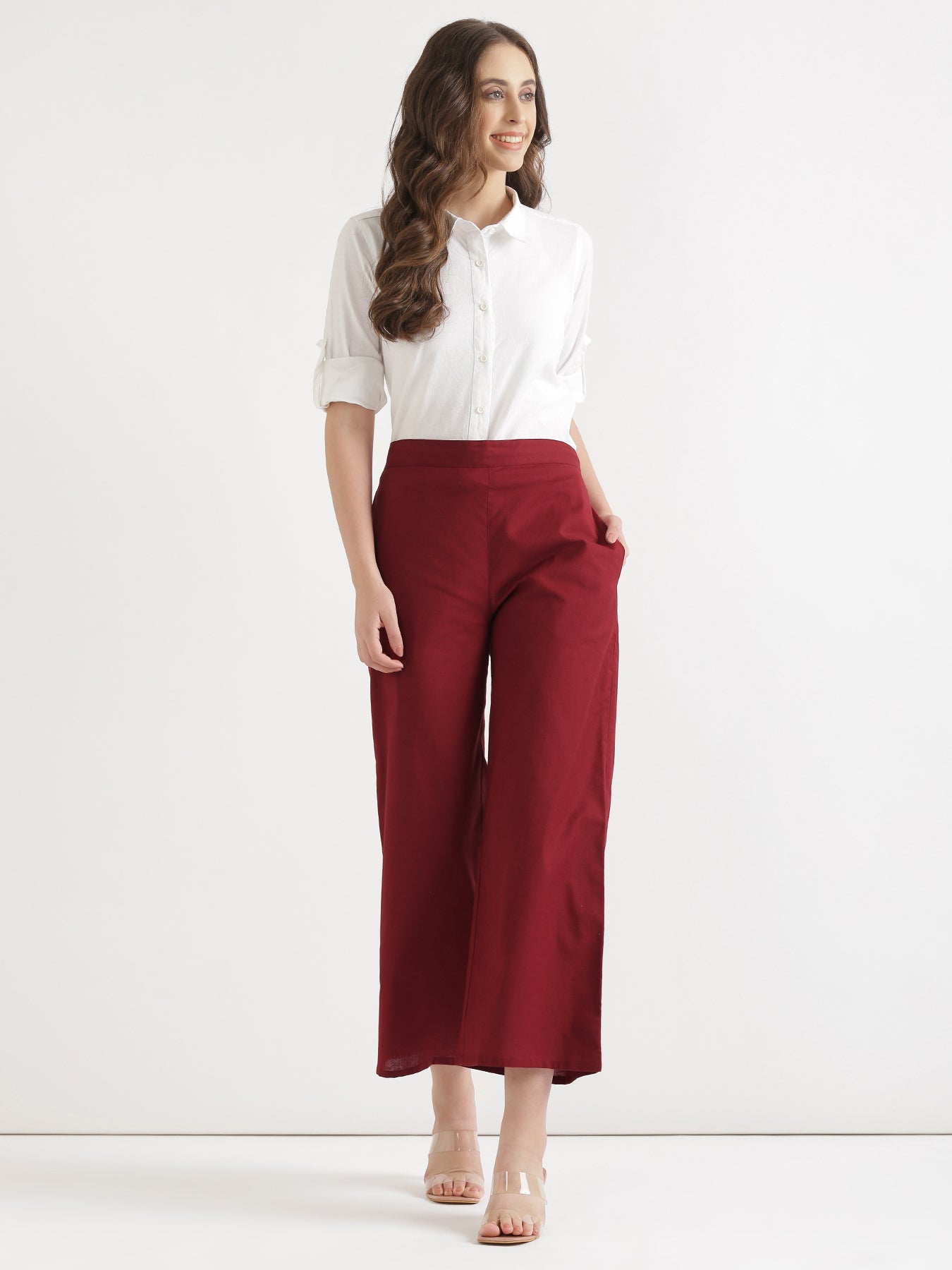 Maroon Airy Linen Wide Leg Pant