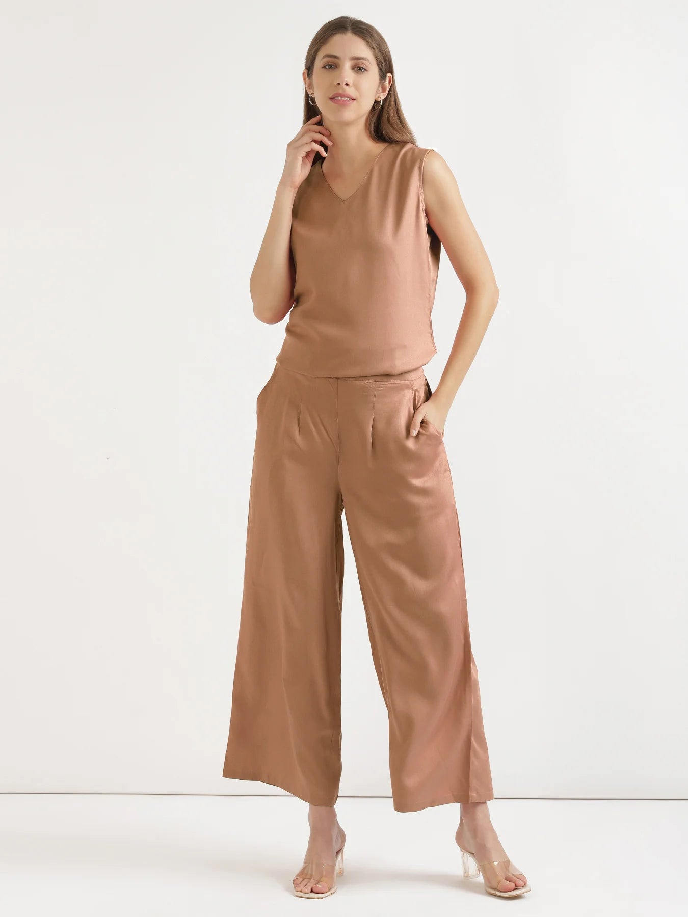 Women Mocha Mousse Viscose Palazzo Pant