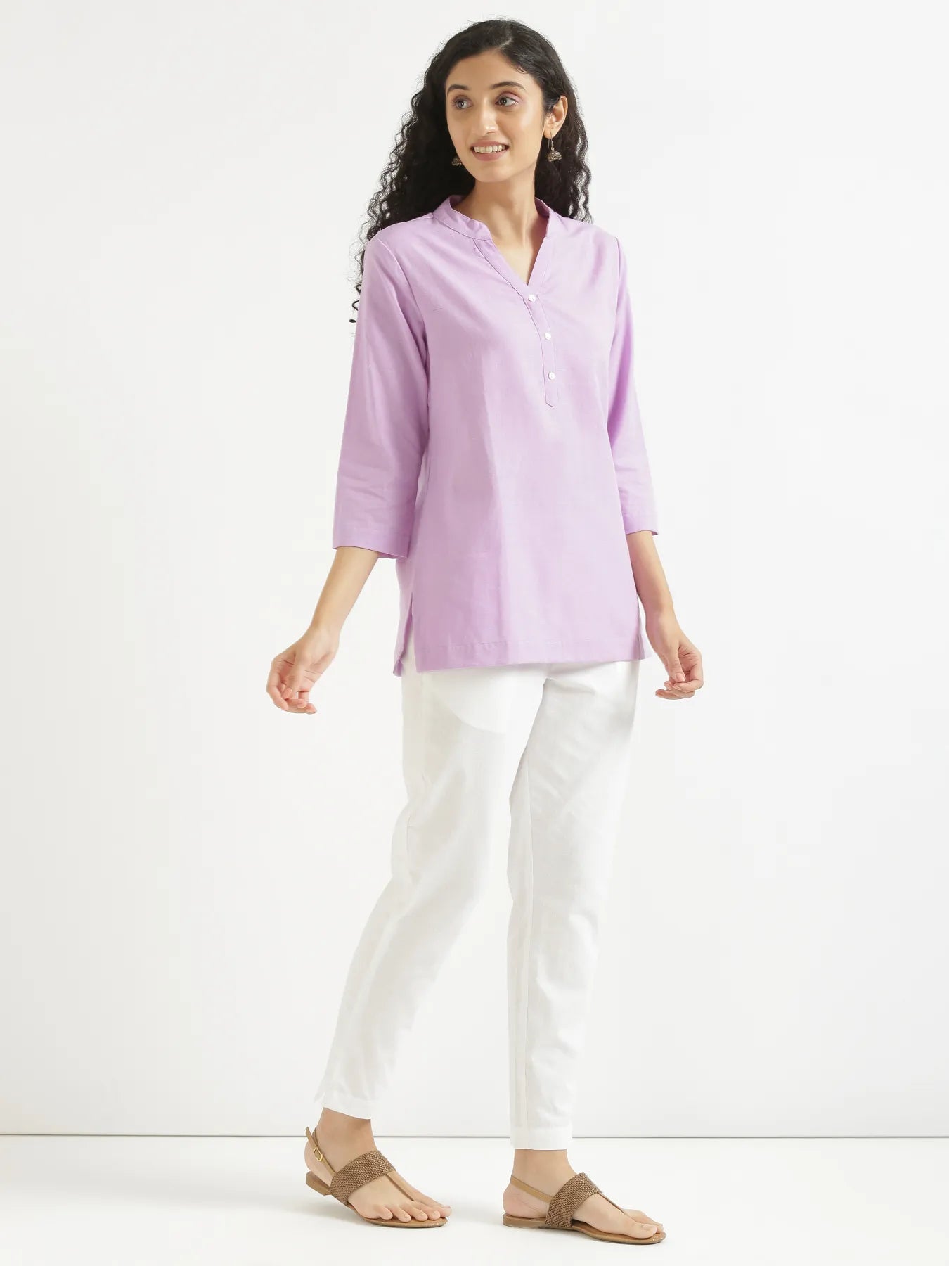 Women Lilac Airy Linen Short Kurta & White Cotton Pant Set