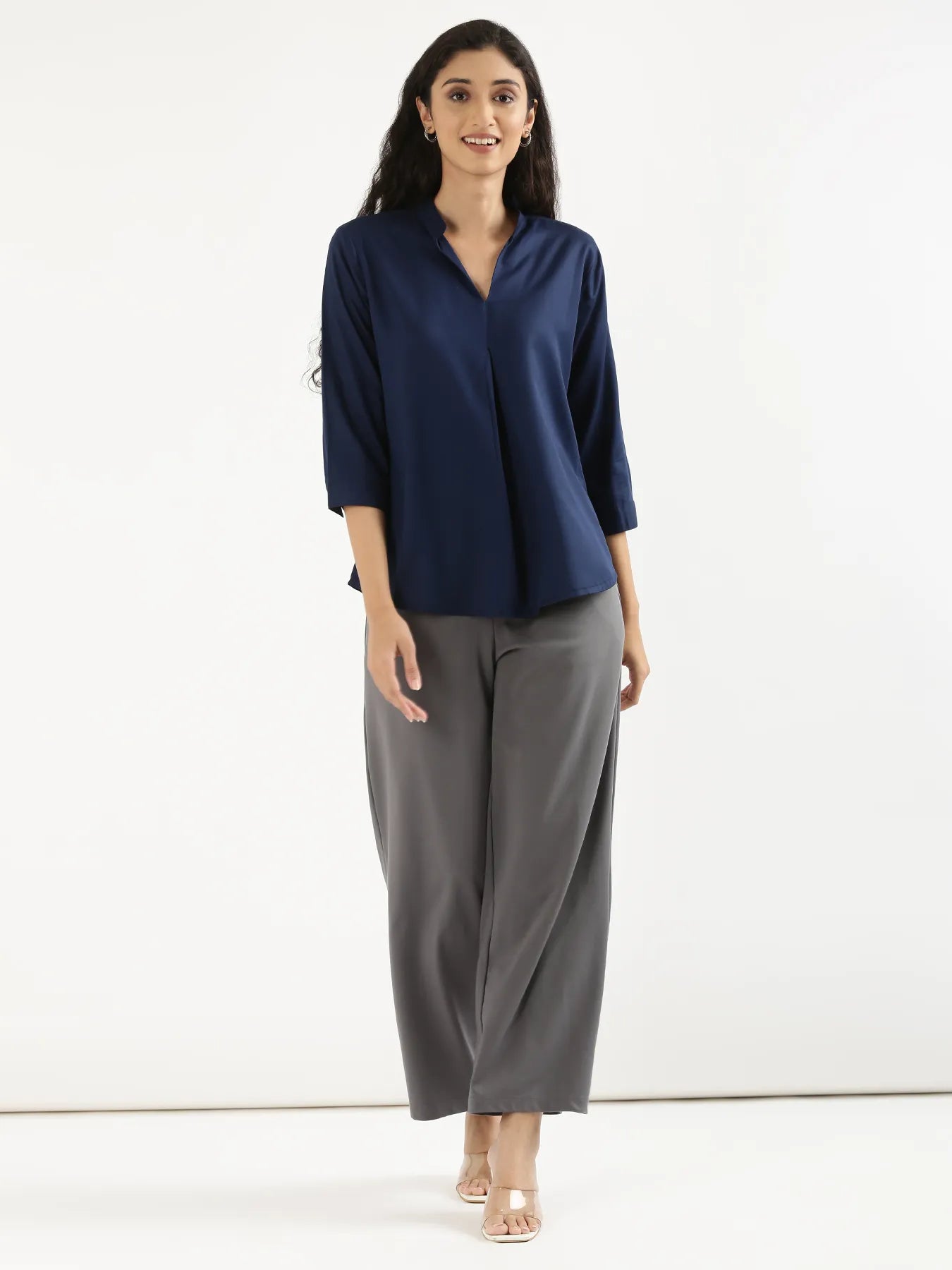 Women Navy Blue Viscose Pleated Top