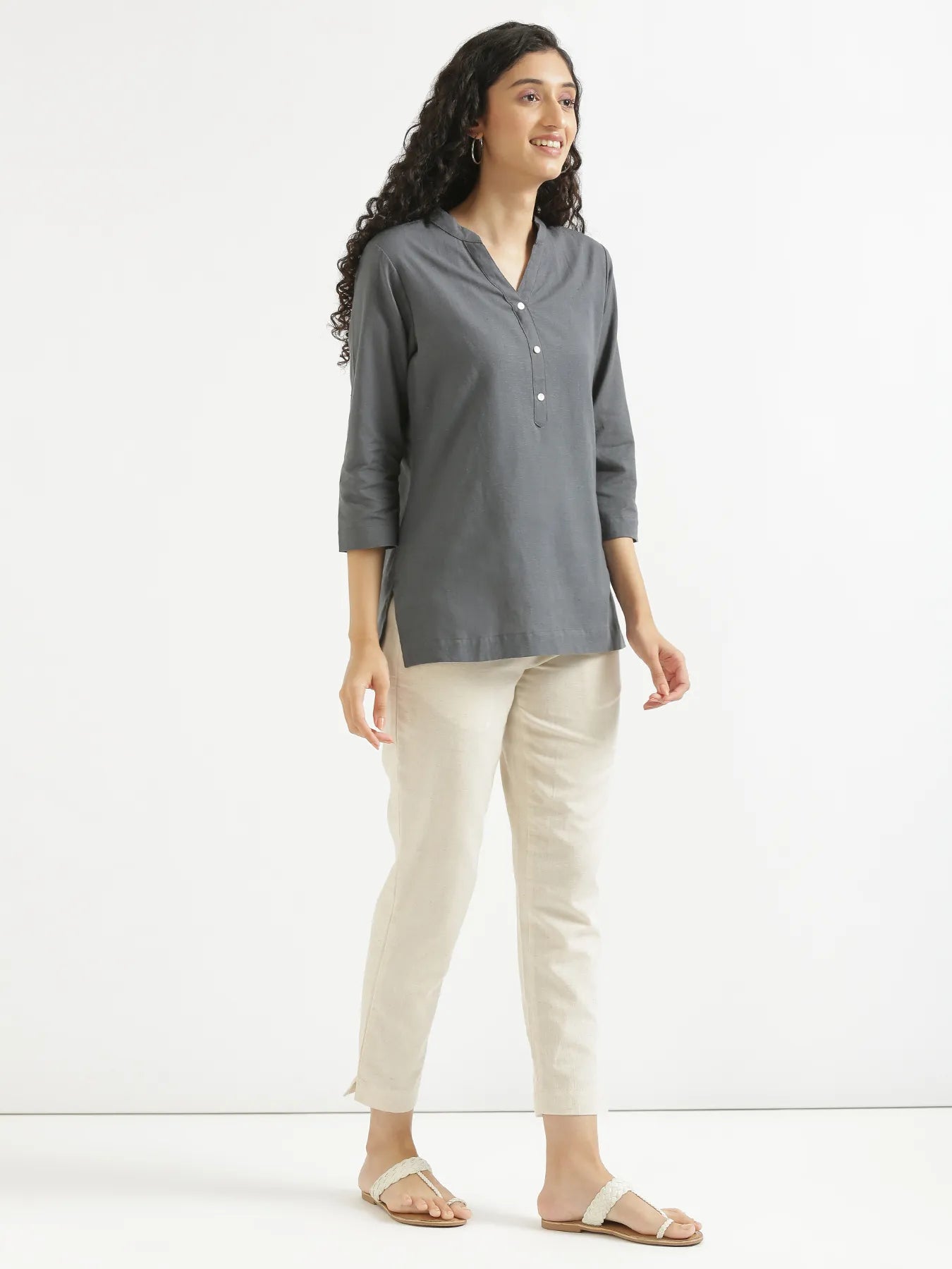 Women Slate Grey Airy Linen Short Kurta
