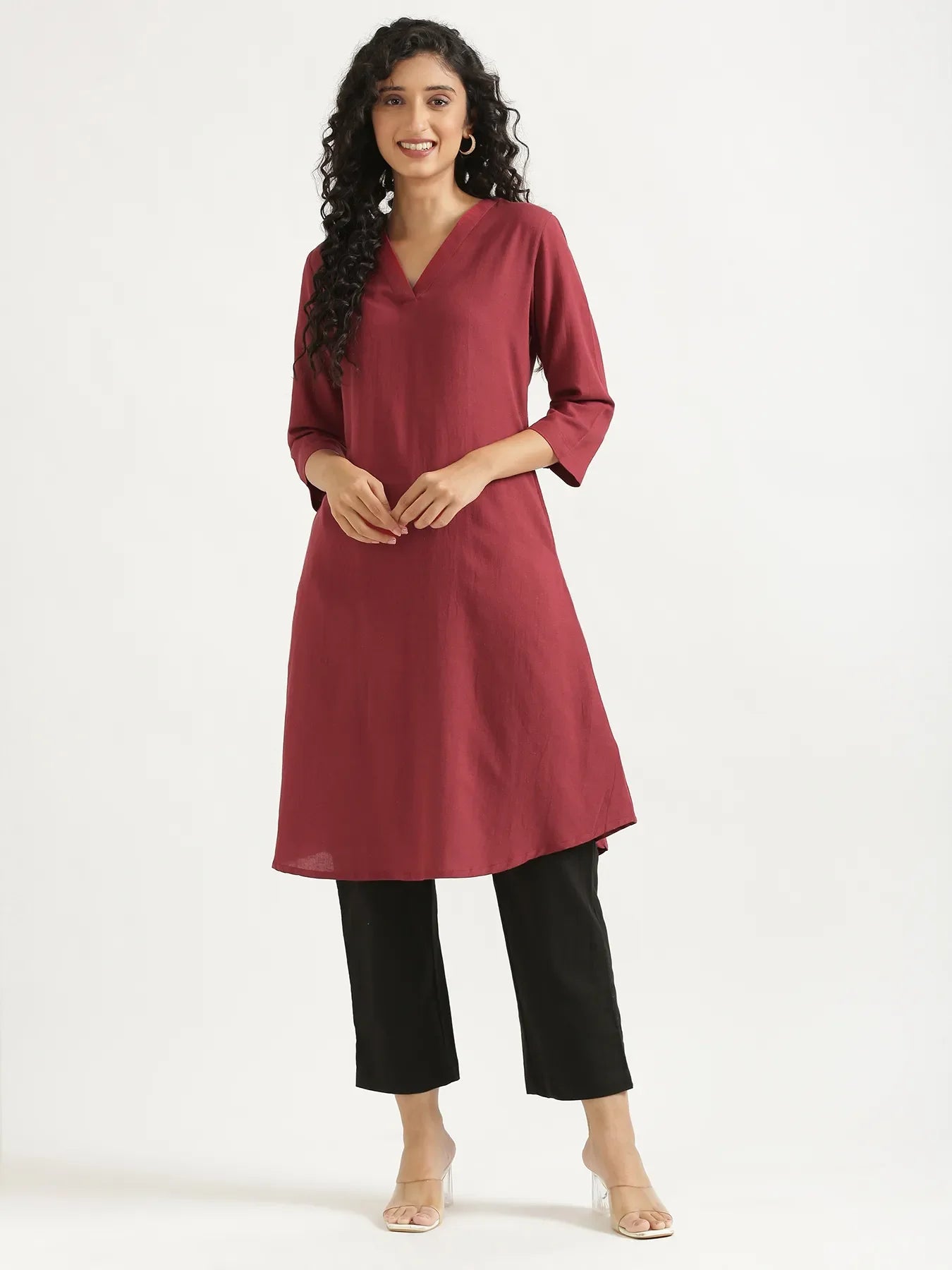 Women Maroon Flowy Linen A-Line Long Kurta