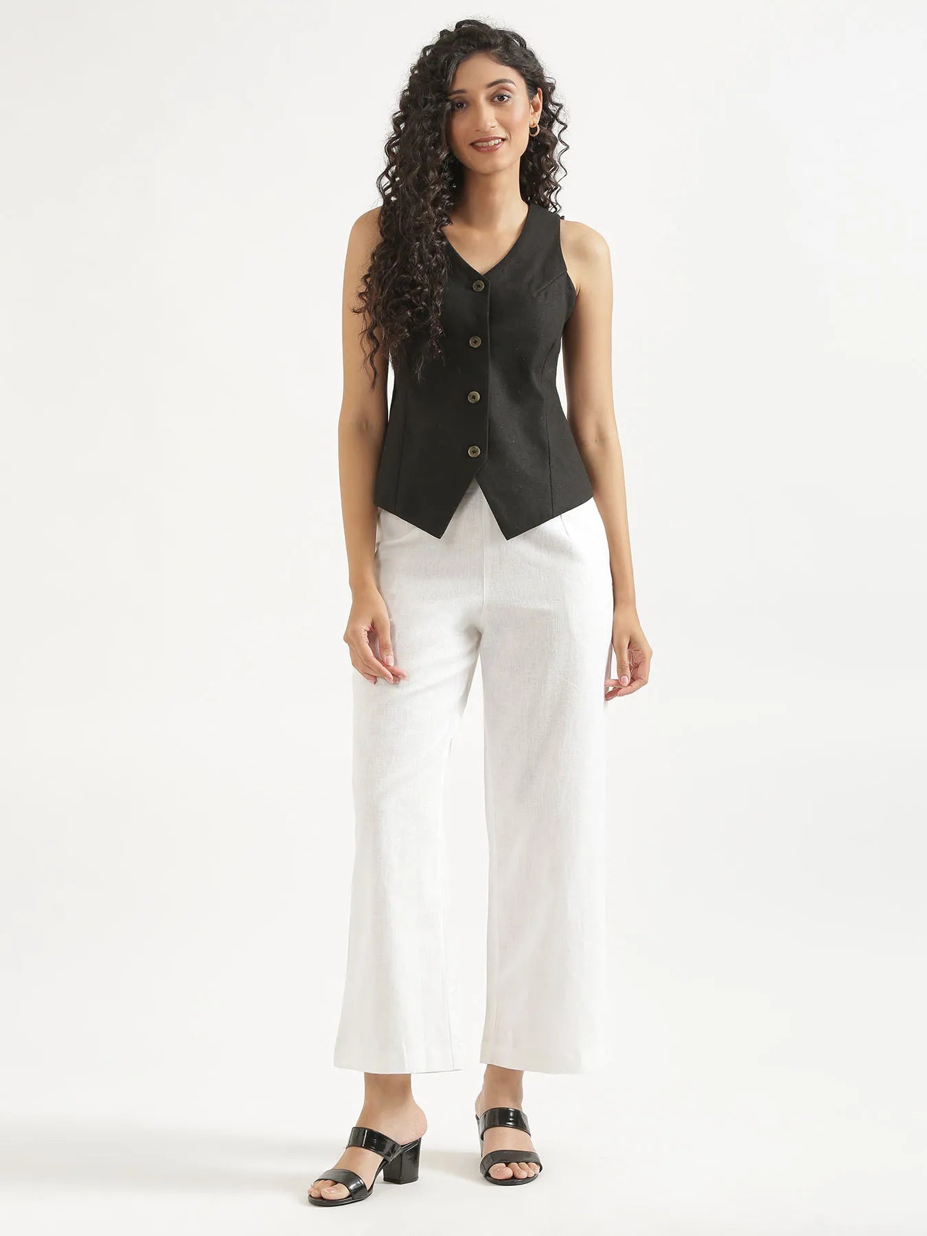 Women White Linen Blend Wide Leg Pant