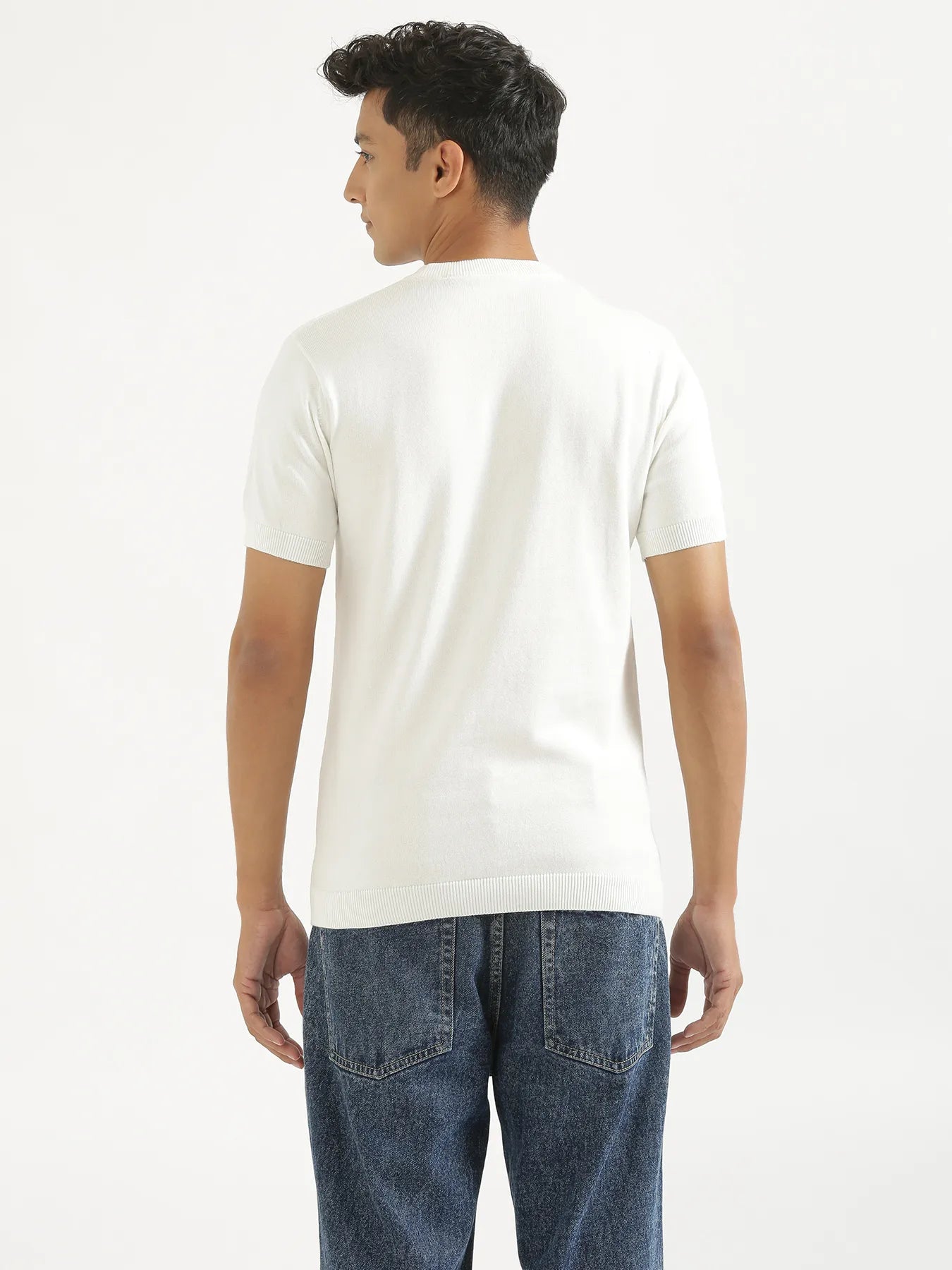 Men Off White Flat Knit Round Neck T-shirt