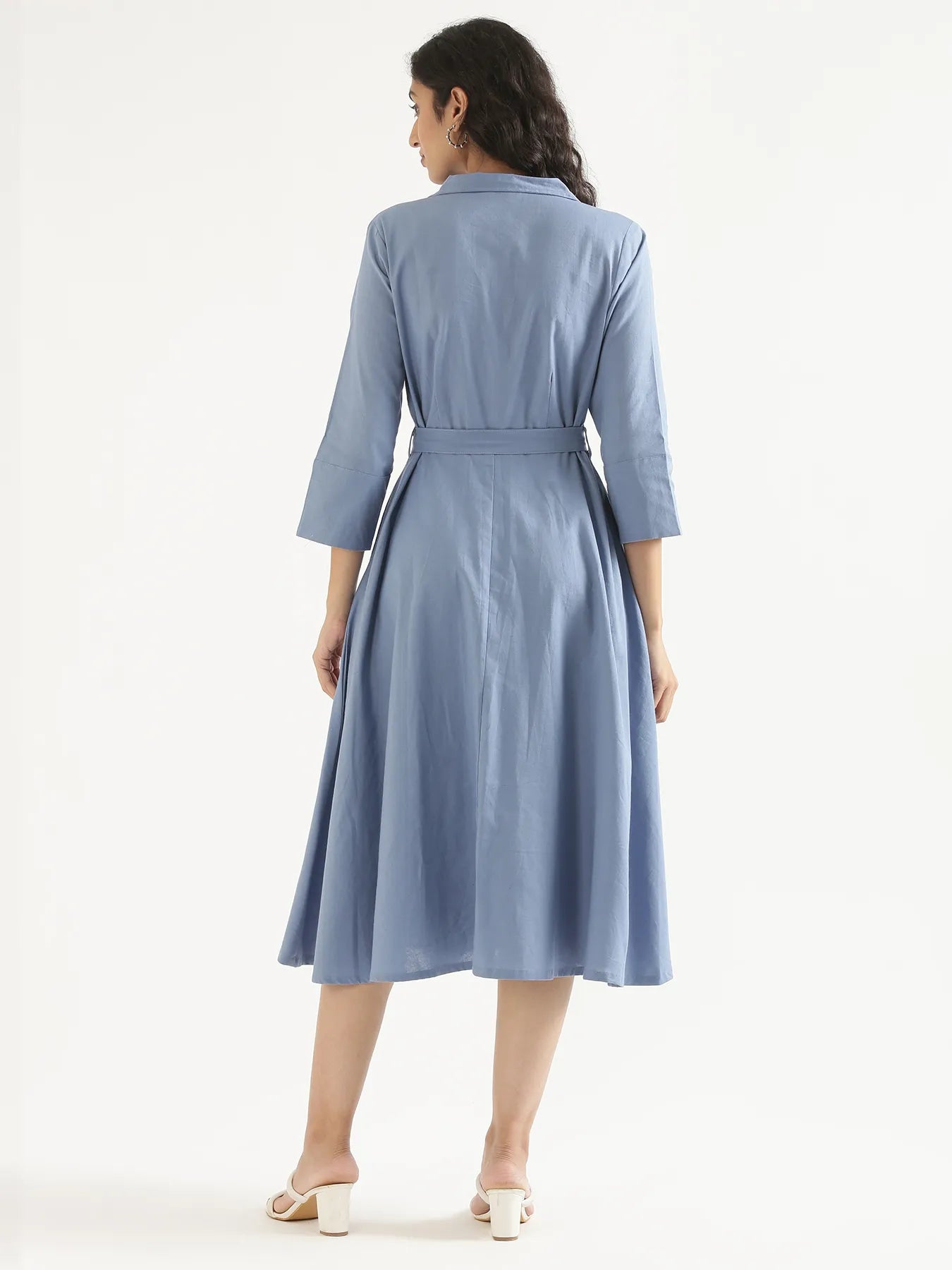Women English Blue Airy Linen Flared Dress