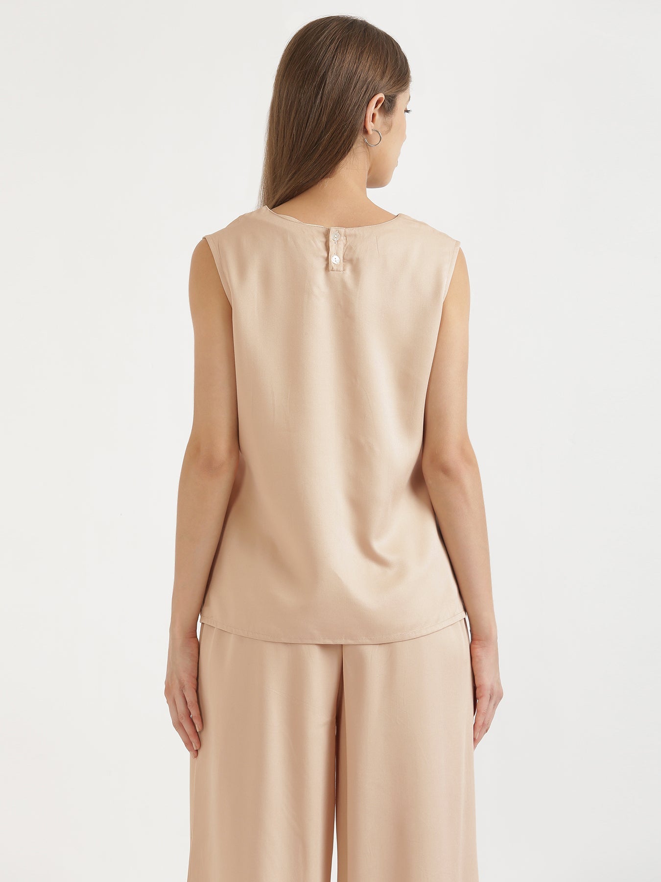 Wine Cotton Pant with Women Beige V-Neck Sleeveless Top
