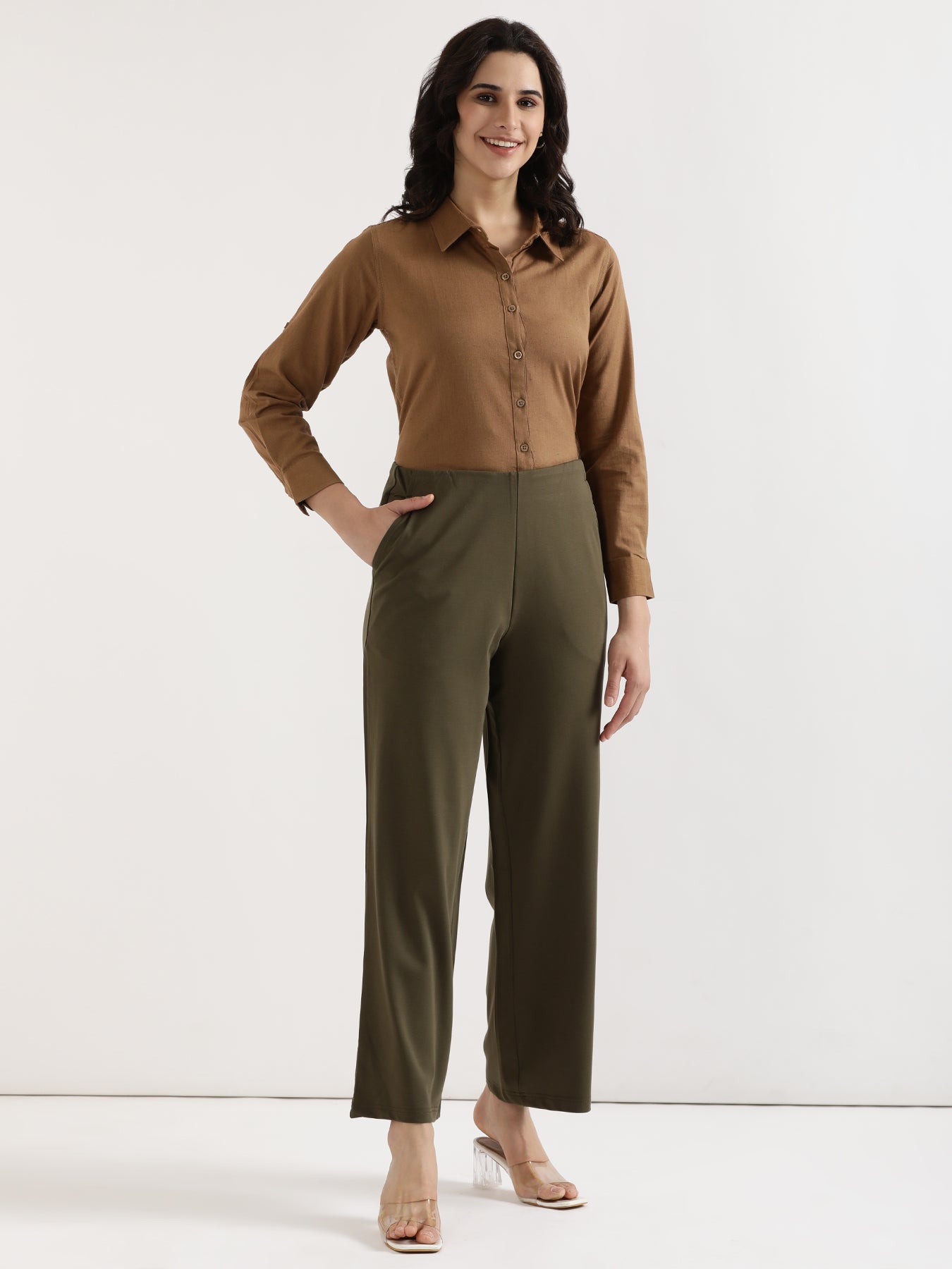 Women Olive Green Wide Leg Pants
