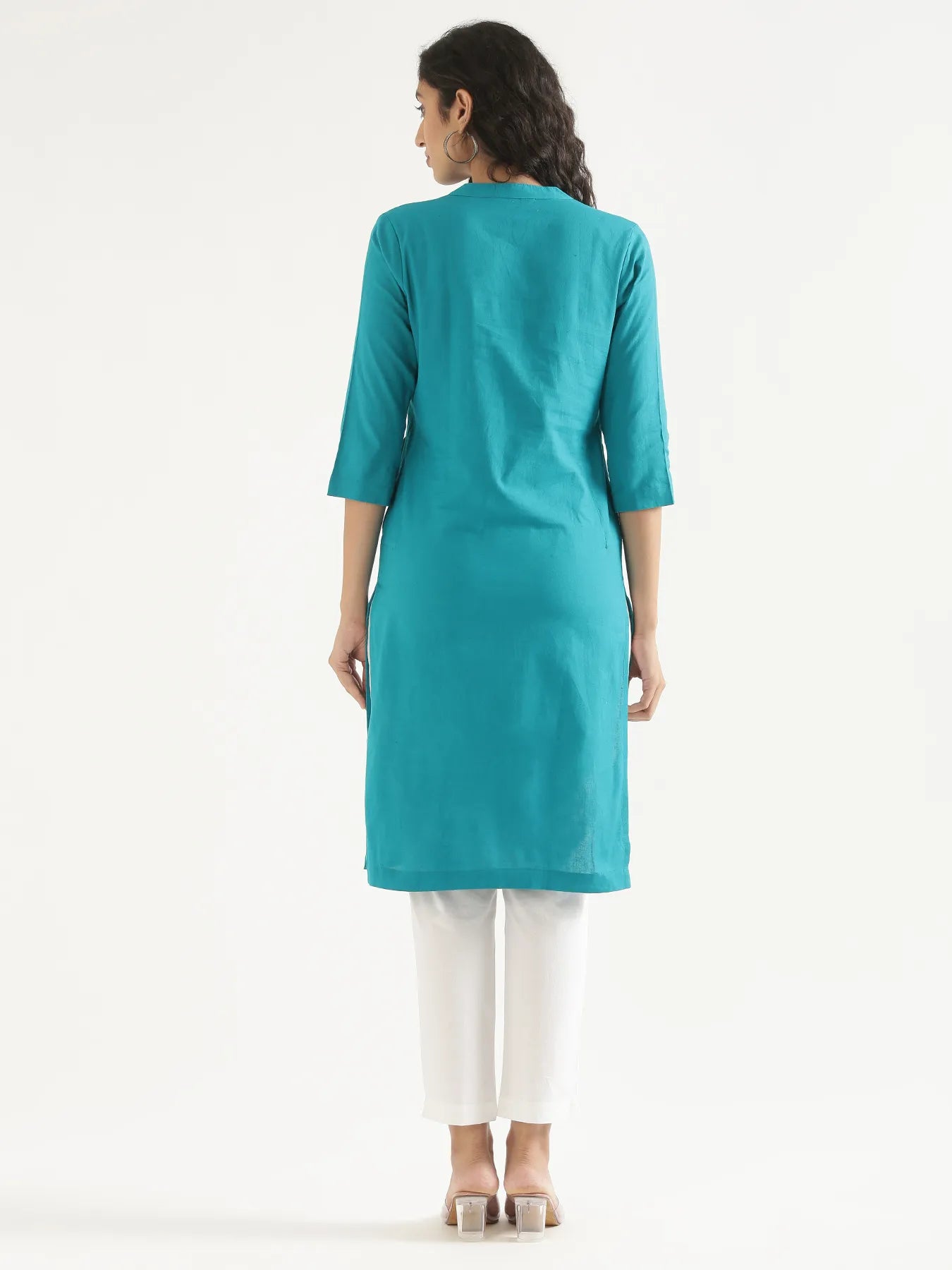 Women Teal Airy Linen Long Kurta