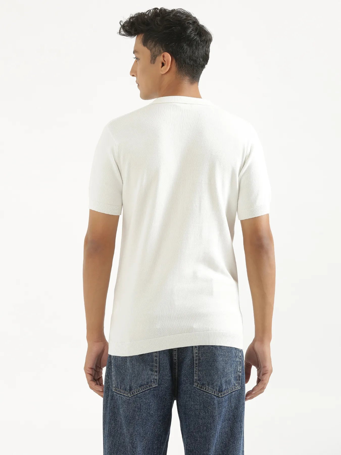Men Off White Flat Knit Collared T-shirt