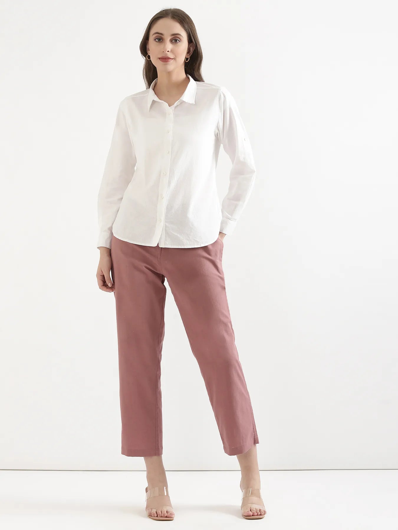 Women Rose Taupe Airy Linen Straight Pant