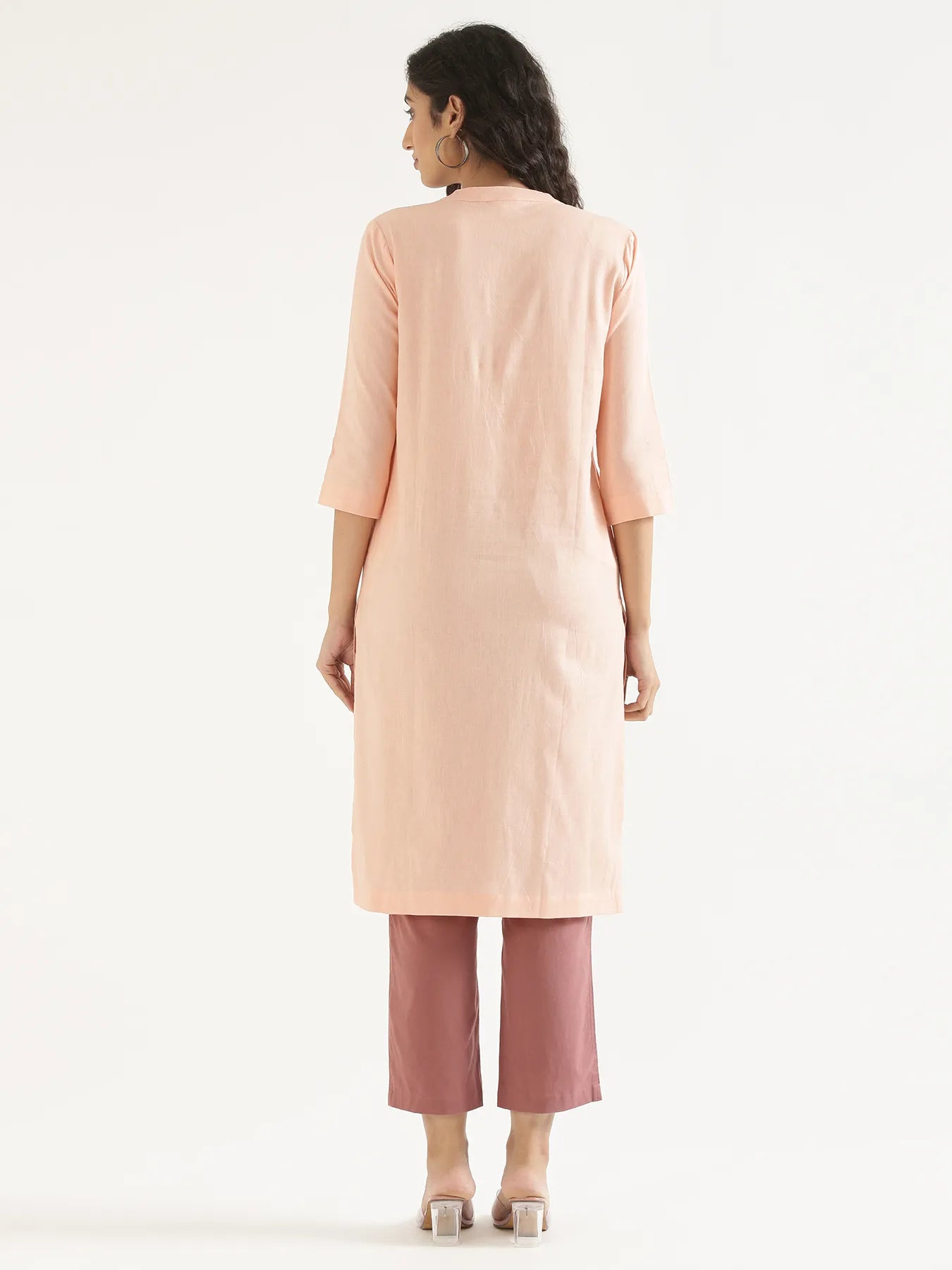 Women Salmon Pink Airy Linen Long Kurta